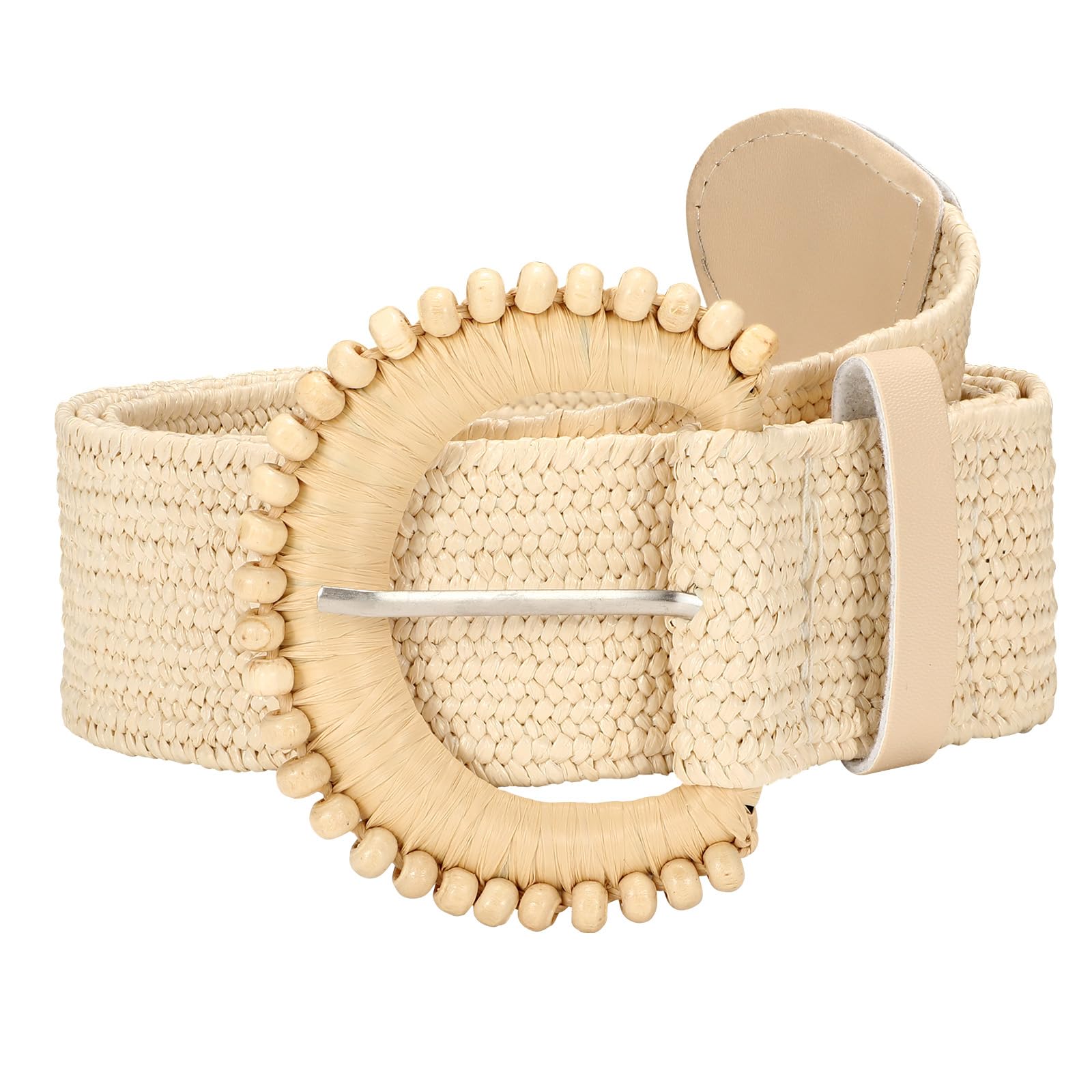Straw Woven Braided Elastic Belt with Round Buckle