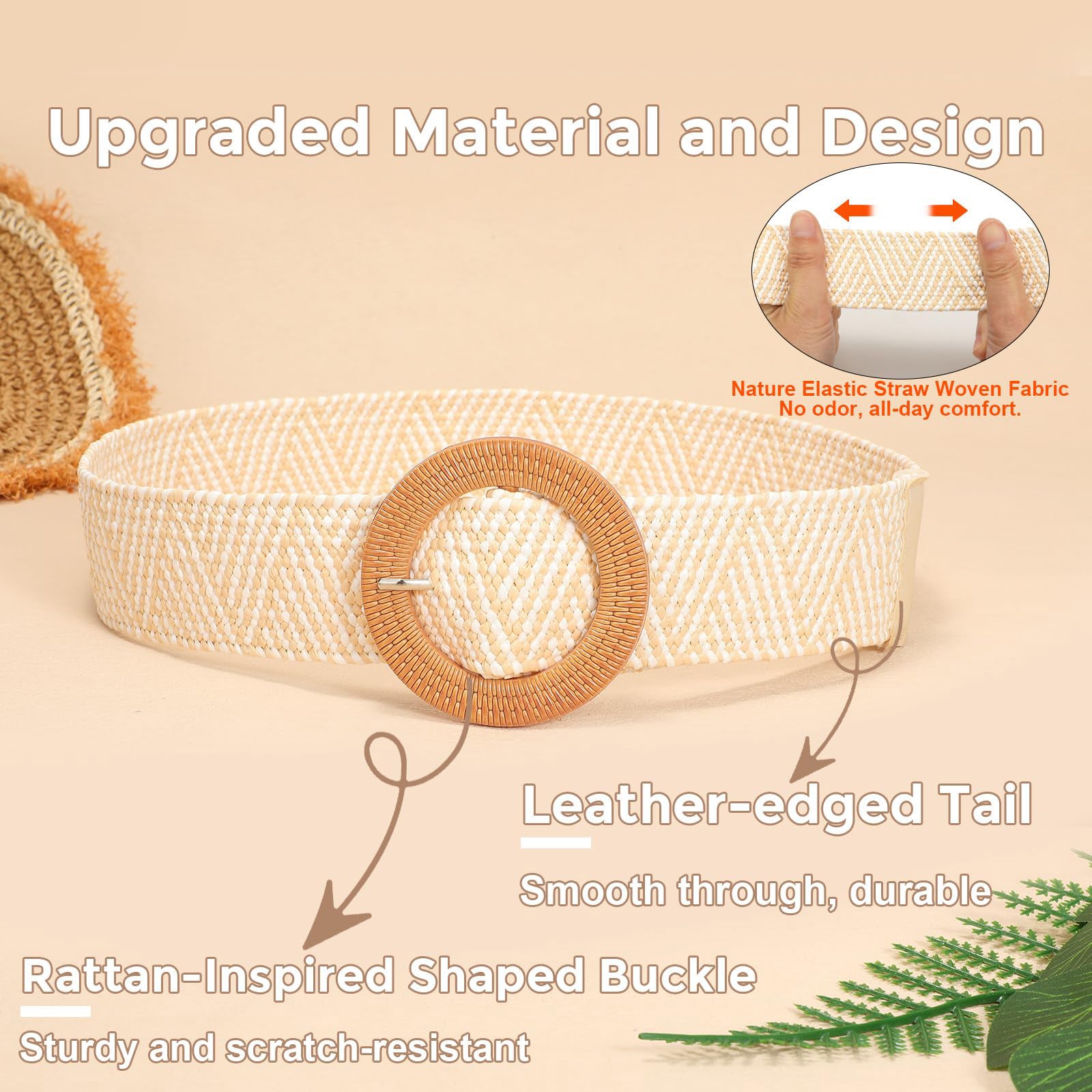 Straw Woven Braided Elastic Belt with Round Buckle - JASGOOD OFFICIAL