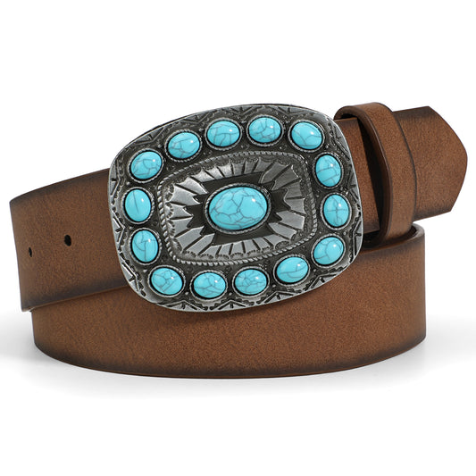Unisex Western Cowboy Cowgirl Style Boho Turquoise Faux PU Leather Belt