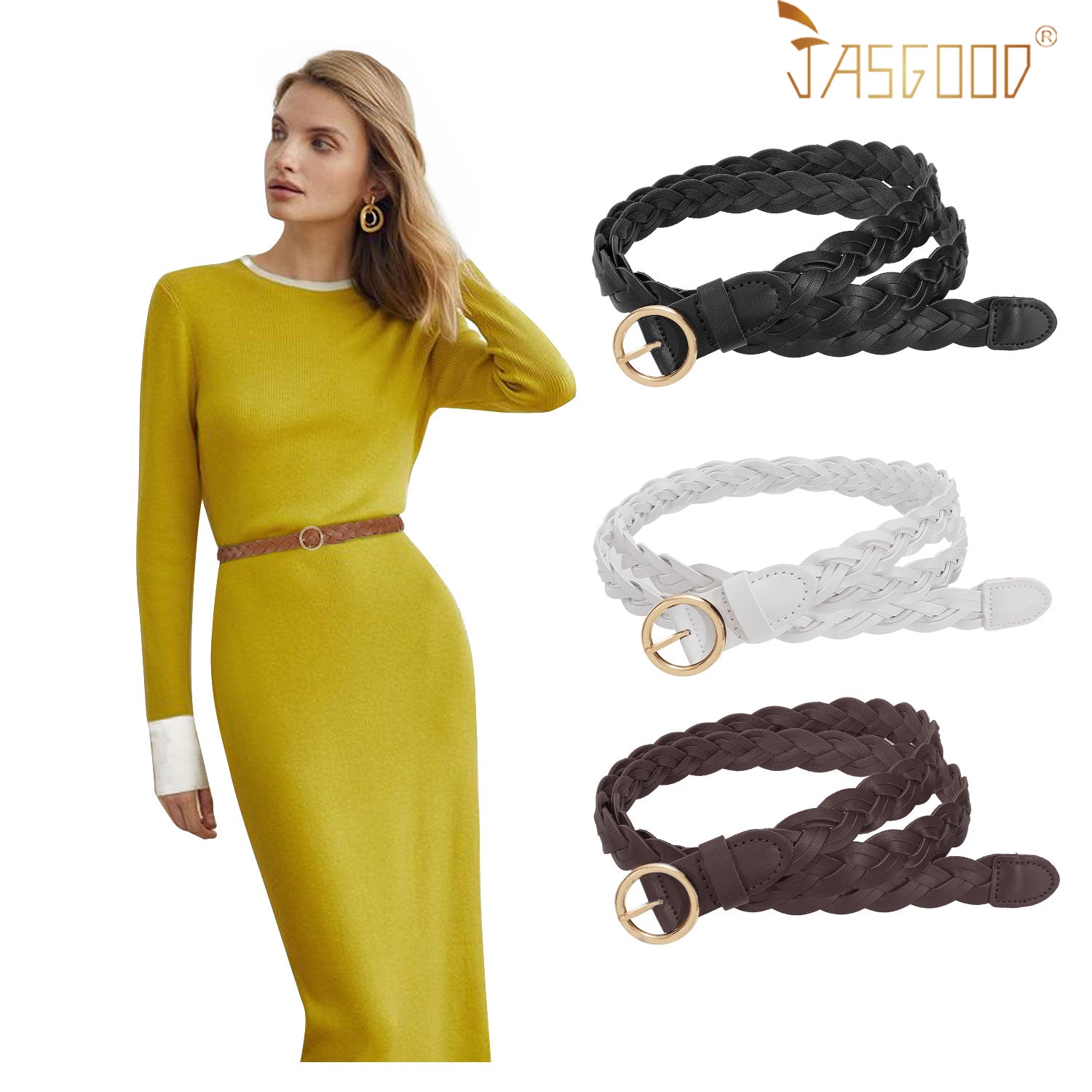 Women Skinny Braided Leather Belt Thin Woven Waist Belt For Dress - JASGOOD OFFICIAL