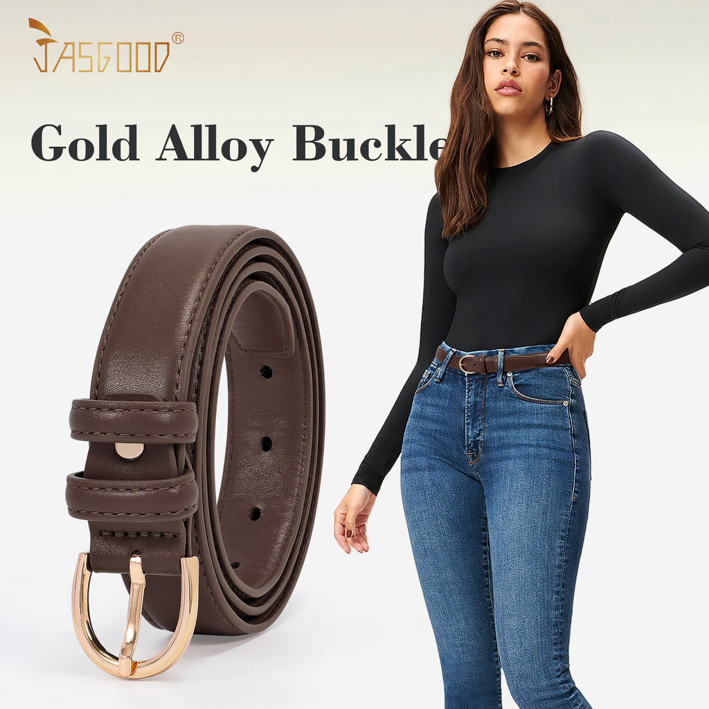 JASGOOD Women's Leather Belt for Jeans Pants Fashion Gold Buckle Ladies Dress Dark Brown Belt