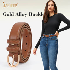 JASGOOD Women's Leather Belt for Jeans Pants Fashion Gold Buckle Ladies Dress Dark Brown Belt