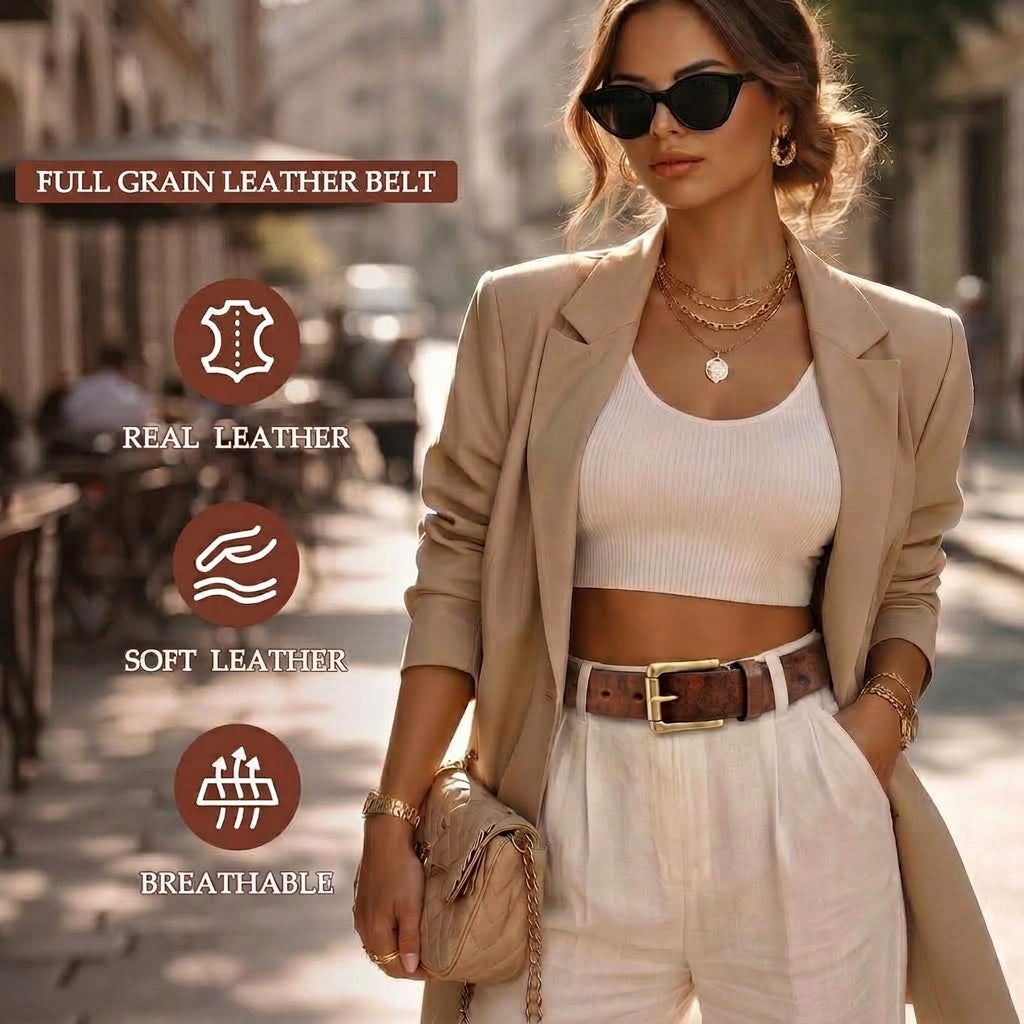 Women Full Grain Leather Belt for Jeans - JASGOOD OFFICIAL