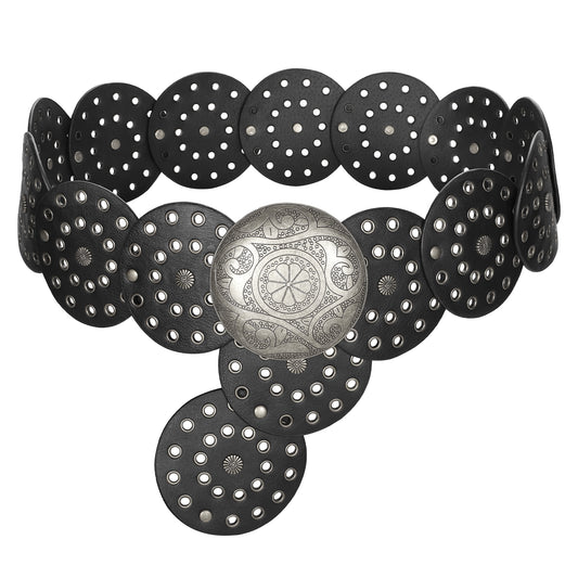 JASGOOD Western Belts for Women Wide Hollow Disc Leather Belt Cowgirl Waist Belt for Jeans Dresses with Metal Buckle