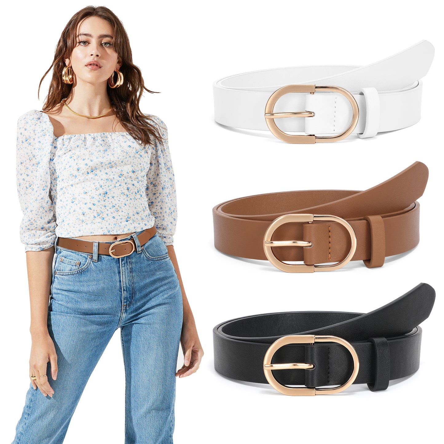 JASGOOD Women’s Leather Belts for Jeans Pants Fashion Ladies Belt with Gold Buckle