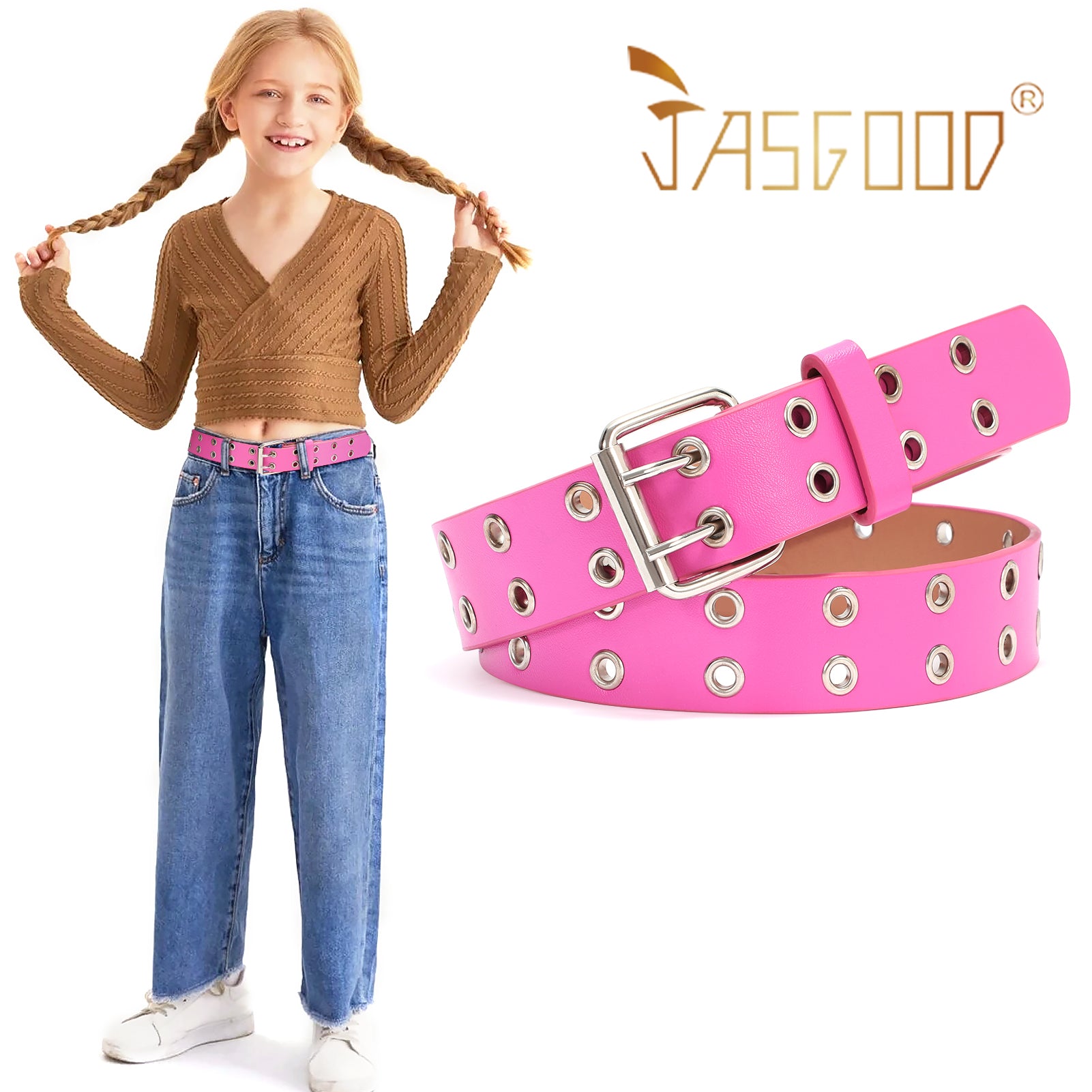 Kids Double Grommet Pu Leather Studded Holes Belt - JASGOOD OFFICIAL