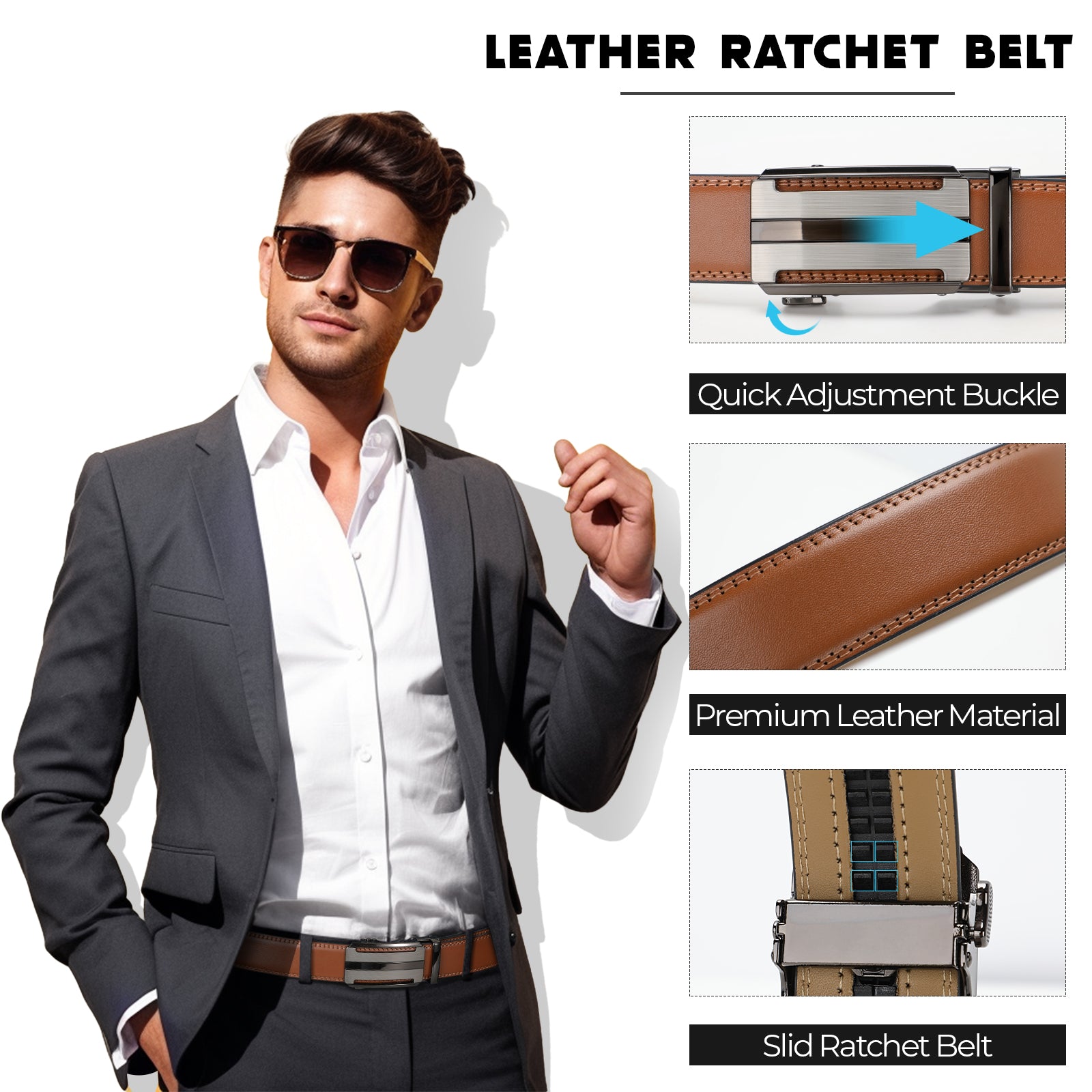JASGOOD 1 Pack Brown Automatic Ratchet Split Genuine Leather Men Dress Belt - JASGOOD OFFICIAL