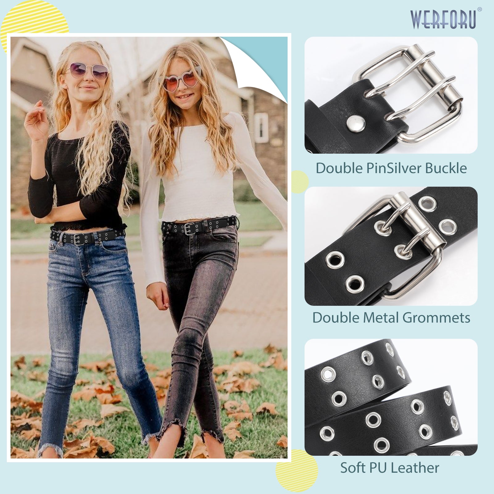 Kids Double Grommet Pu Leather Studded Holes Belt - JASGOOD OFFICIAL