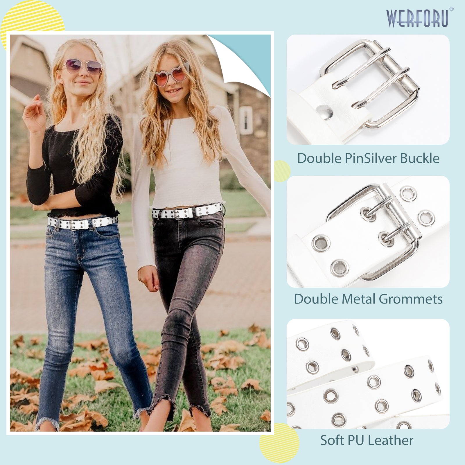 Kids Double Grommet Pu Leather Studded Holes Belt - JASGOOD OFFICIAL