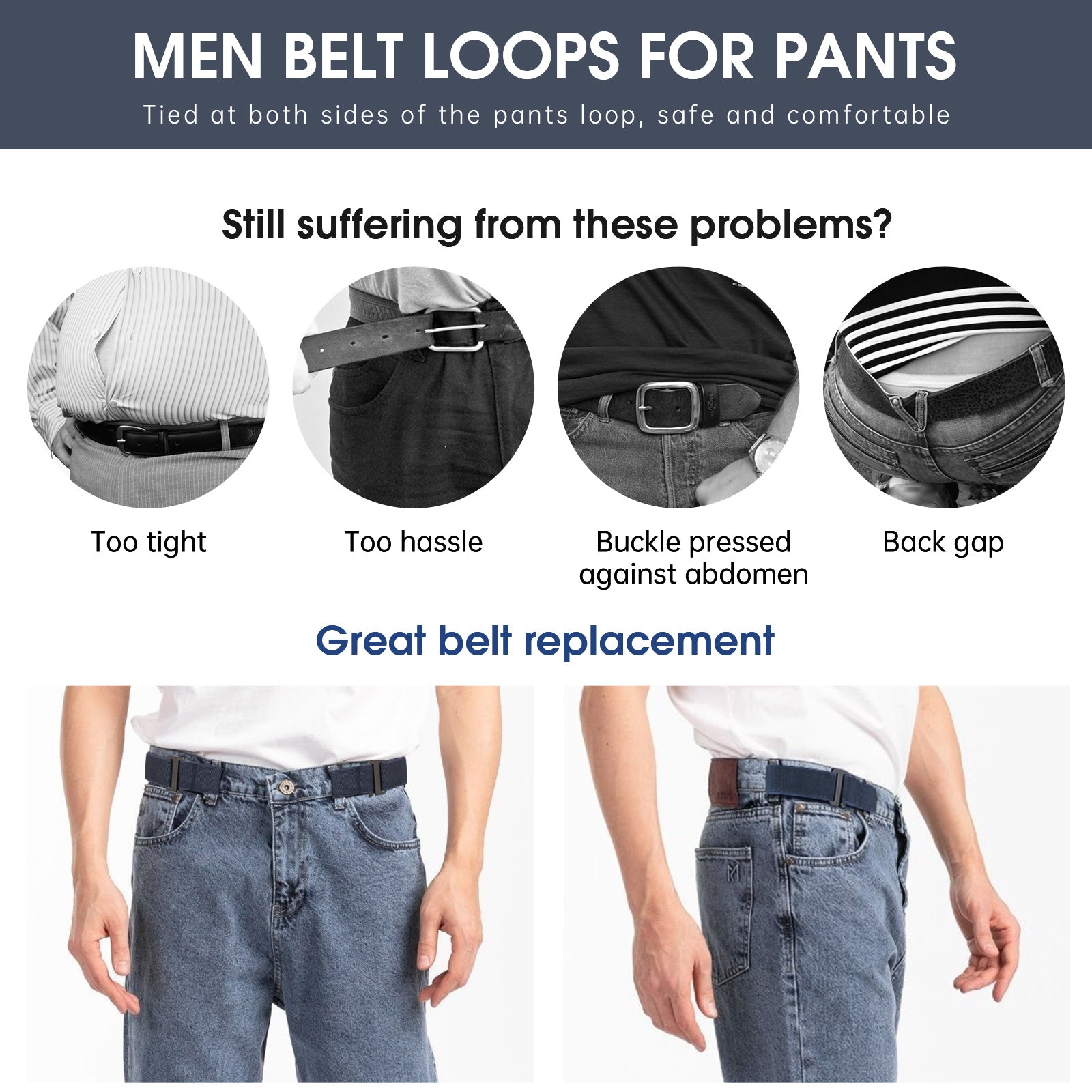 JASGOOD No Show Elastic 2 Loops Belt for Men,No Buckle Stretch Side Belt Pant Waist Tightener for Jeans - JASGOOD OFFICIAL