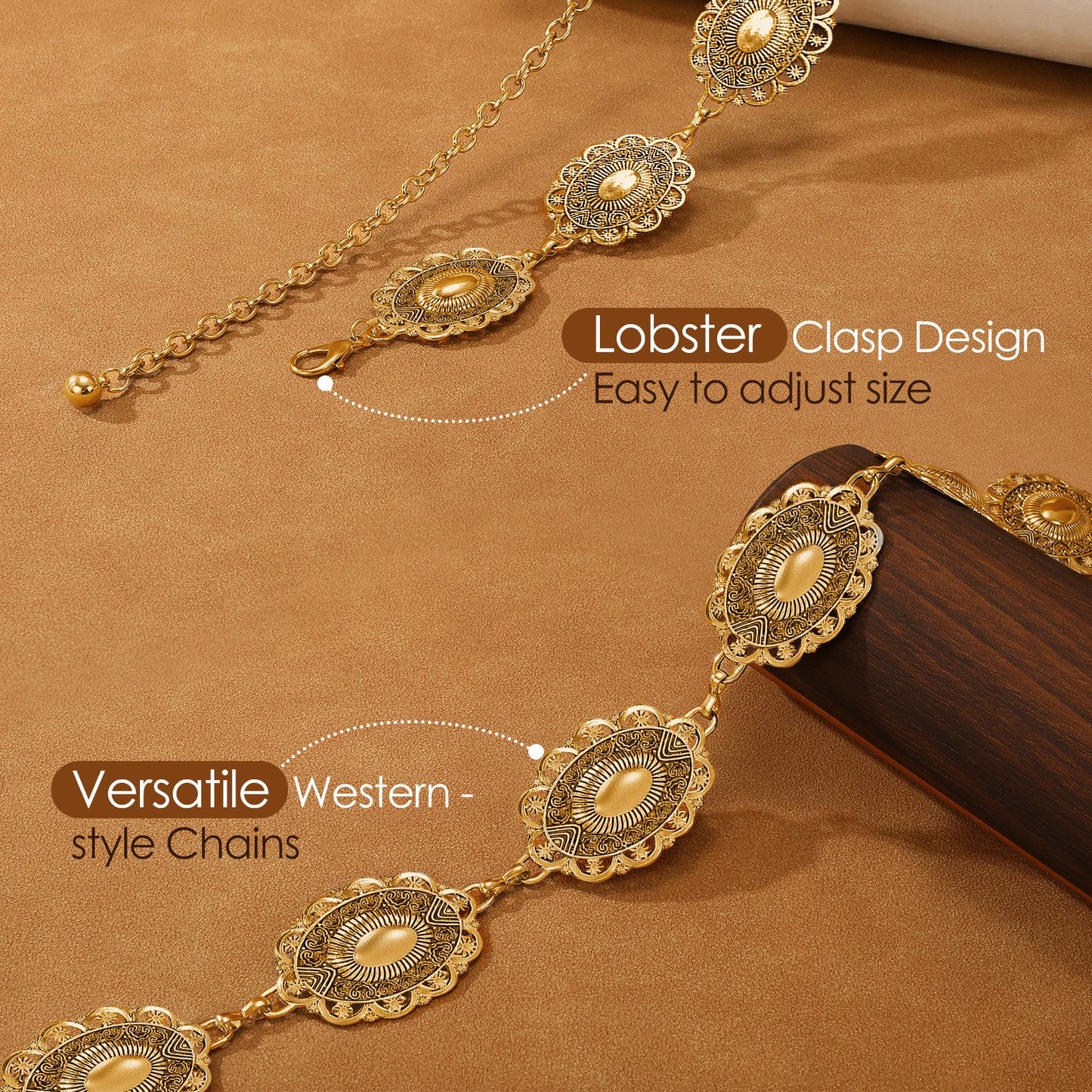 JASGOOD Women Boho Chain Belts For Dresses Jeans Western Cowgirl Waist Links Belt Adjustable Metal Concho Belt