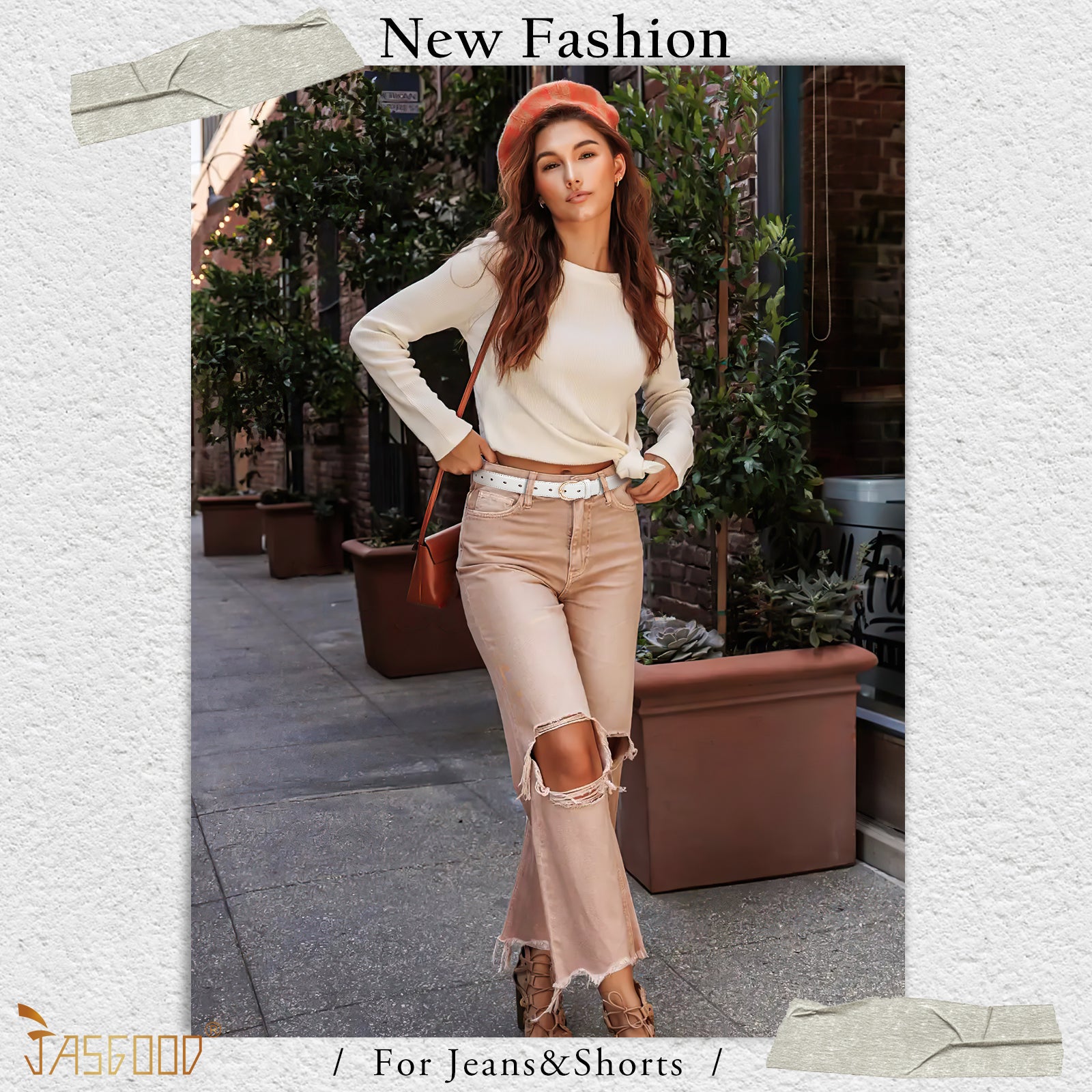 JASGOOD Women's Leather Belt for Jeans Pants Fashion Gold Buckle Ladies Dress Dark Brown Belt