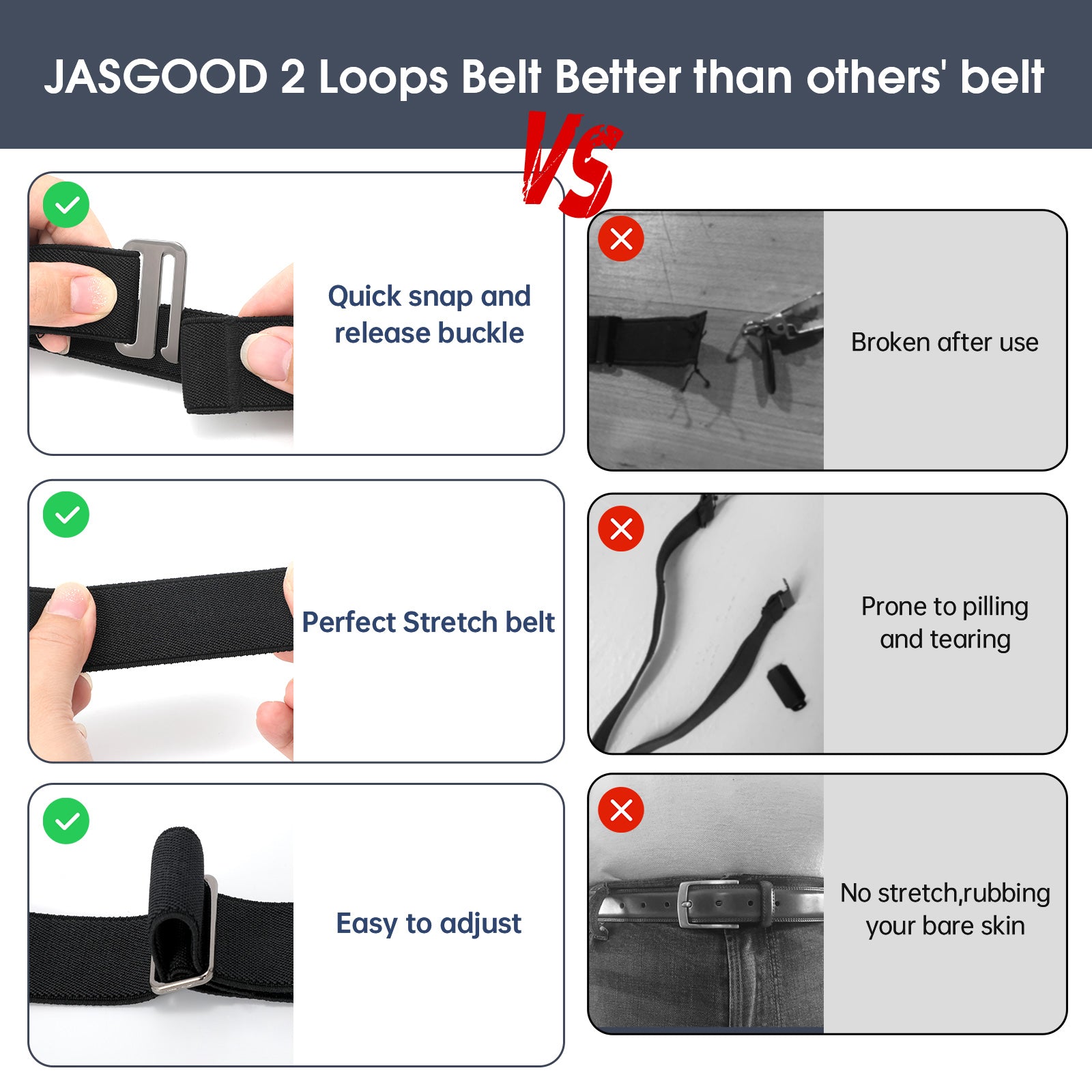JASGOOD No Show Elastic 2 Loops Belt for Men,No Buckle Stretch Side Belt Pant Waist Tightener for Jeans - JASGOOD OFFICIAL