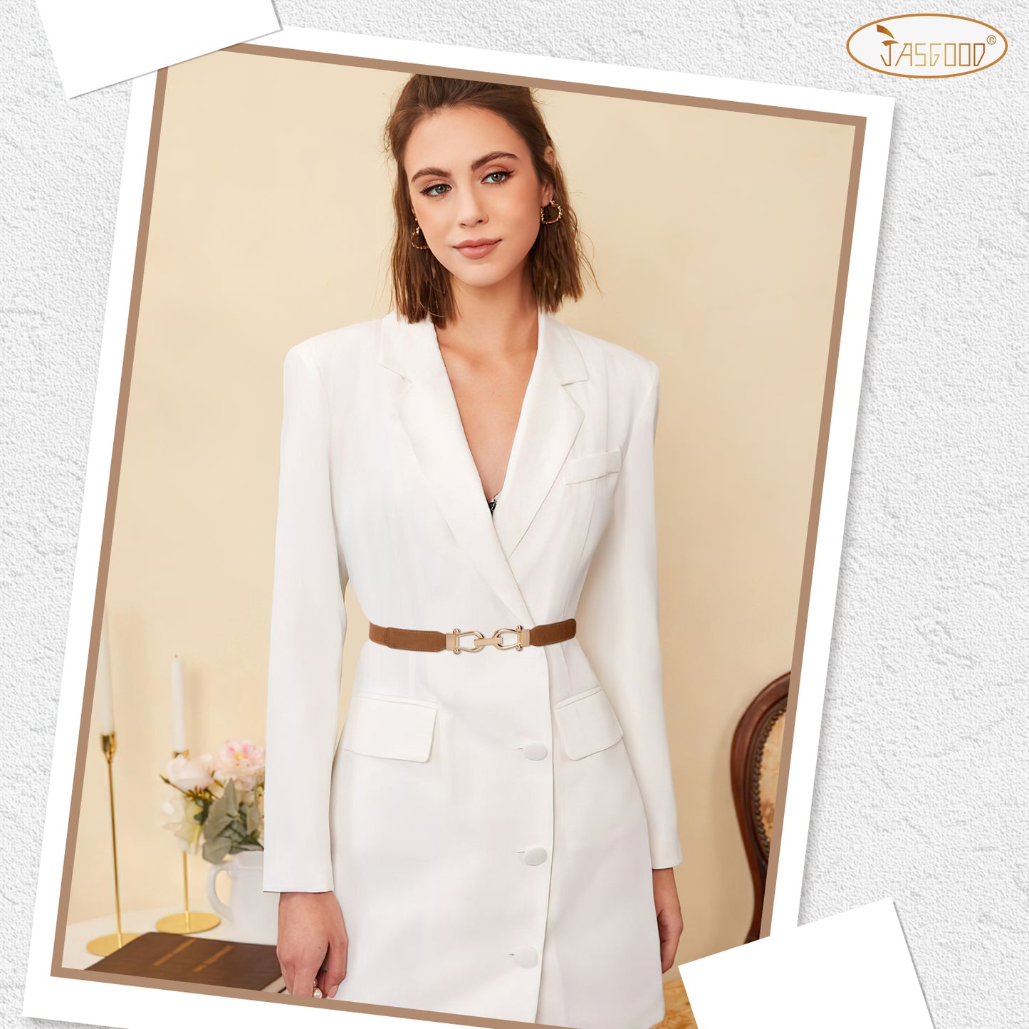 JASGOOD Women Stretchy Waist Belt Retro Elastic Skinny Belt for Ladies with Gold Buckle