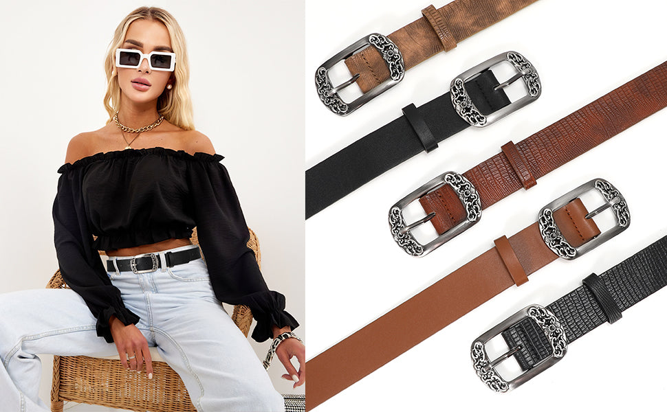 Copy of JASGOOD 1 Pack Black Flower Pattern Design Faux Leather Zinc Alloy Pin Buckle Women Belt For Jeans