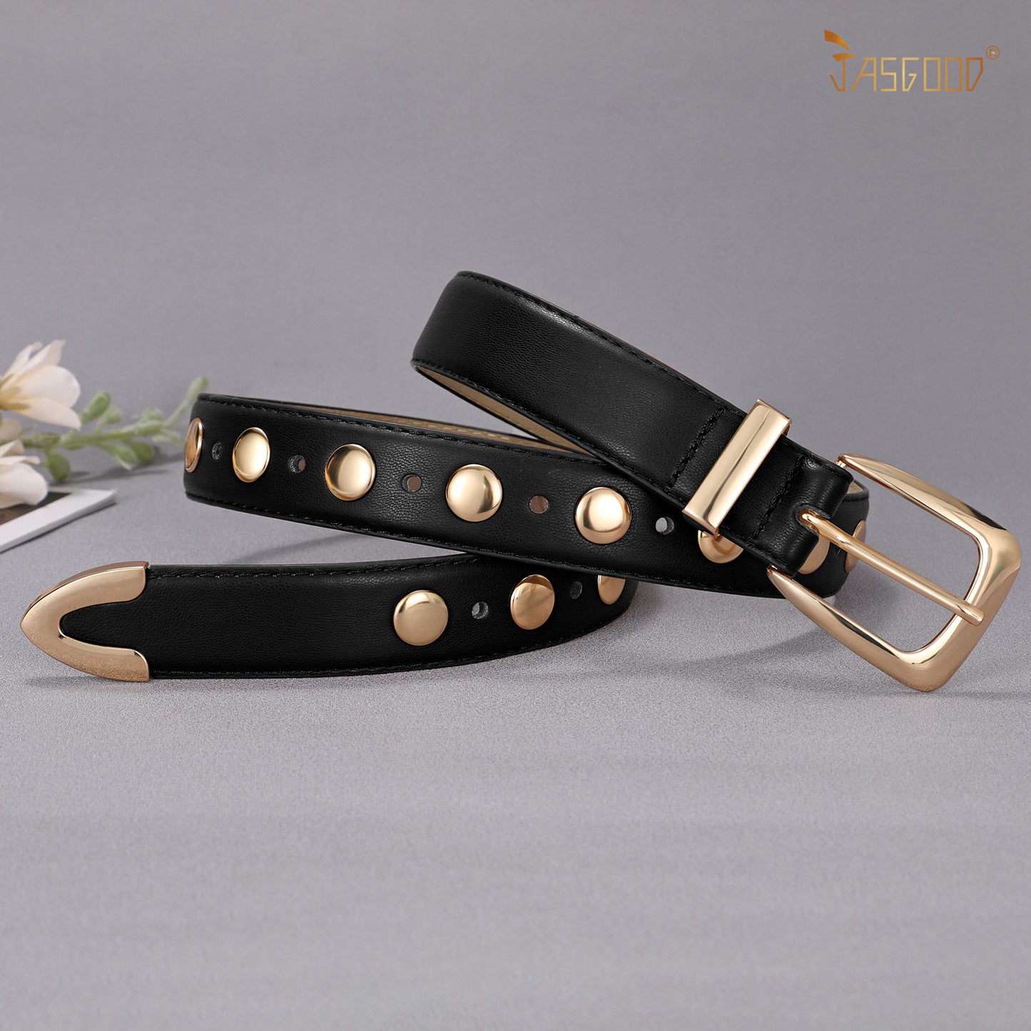 JASGOOD Women Leather Belt Fashion Studded Belt Ladies Punk Belt Vintage Leather Belt for Jeans Dress