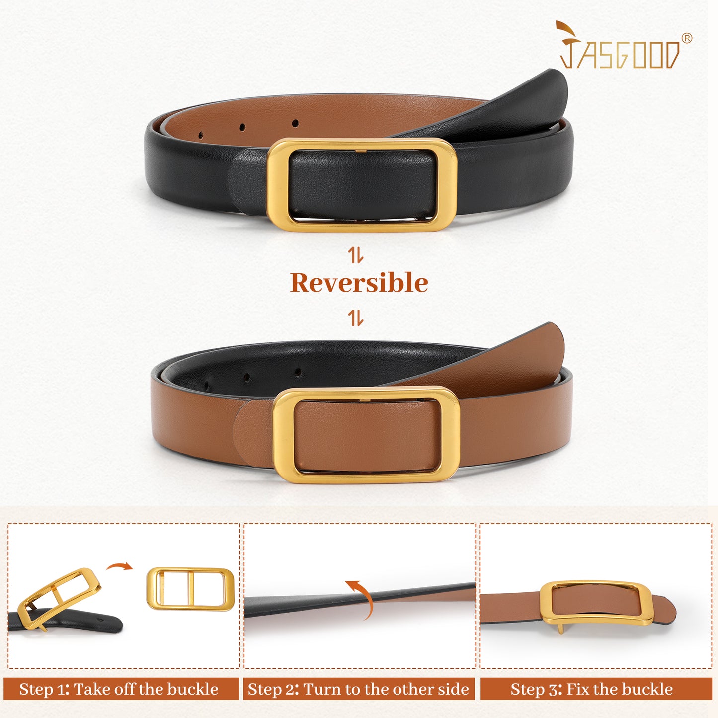 JASGOOD Women Reversible Leather Belt for Pants Jeans Ladies Waist Belt for Dresses