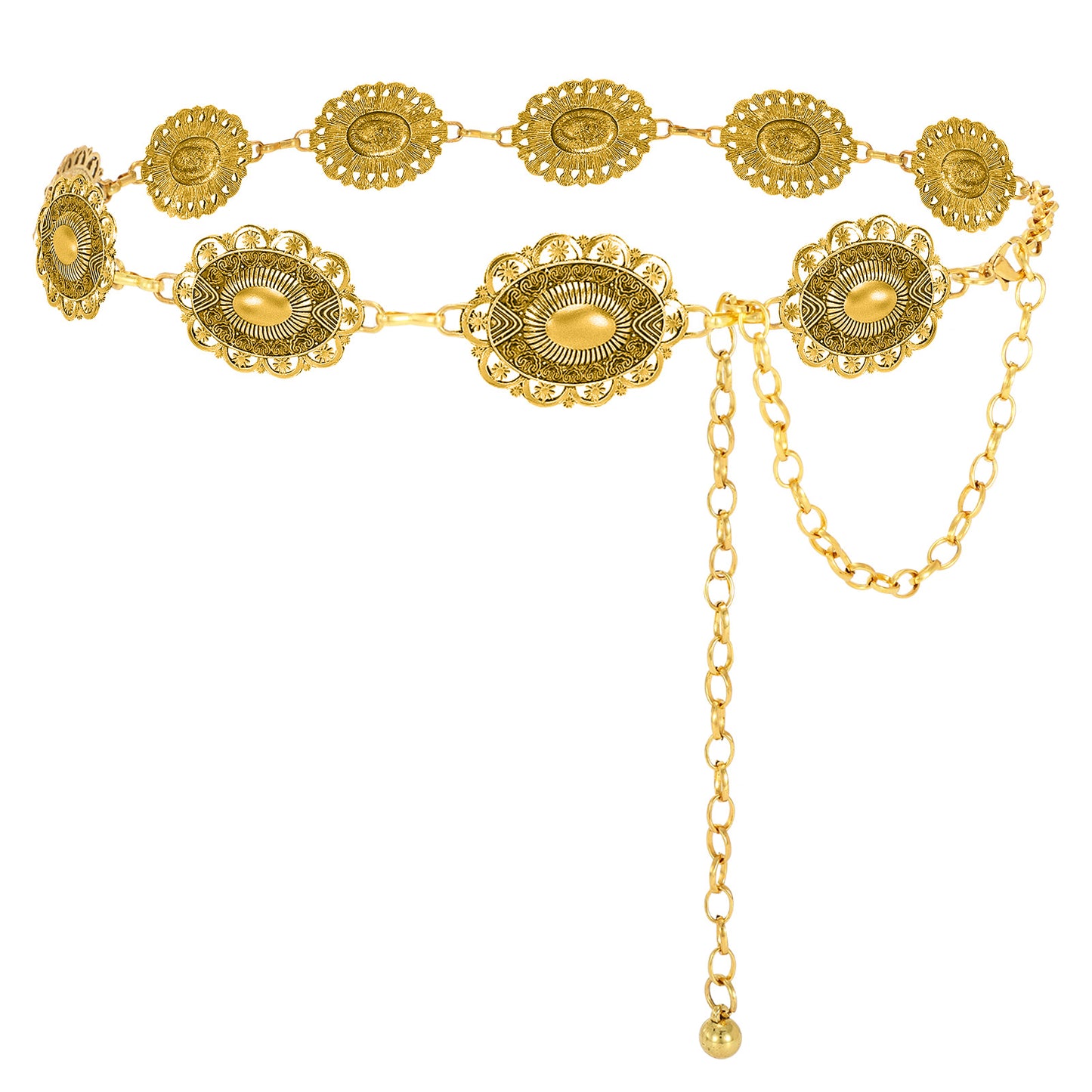 JASGOOD Women Boho Chain Belts For Dresses Jeans Western Cowgirl Waist Links Belt Adjustable Metal Concho Belt