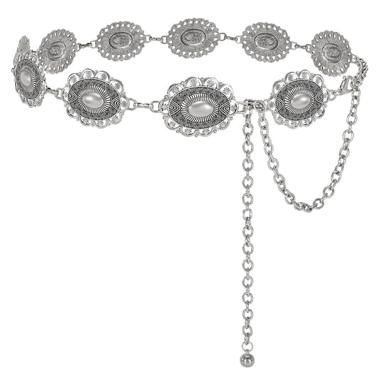 JASGOOD Women Boho Chain Belts For Dresses Jeans Western Cowgirl Waist Links Belt Adjustable Metal Concho Belt