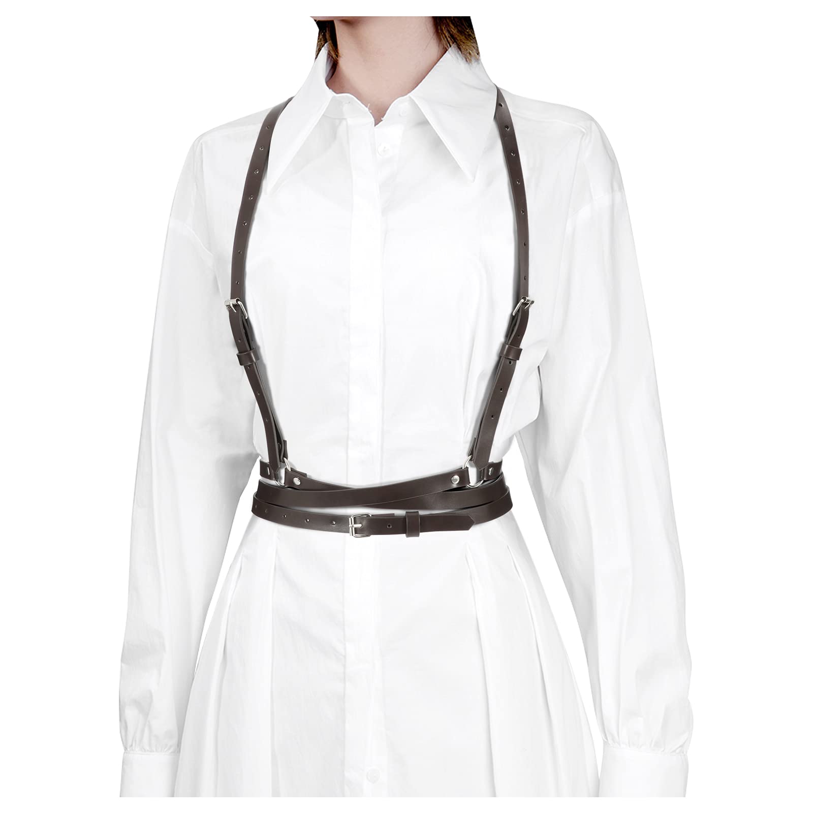 JASGOOD Punk Waist Belt Women PU Leather Skinny Body Adjustable Belts with Gothic Circle for Party