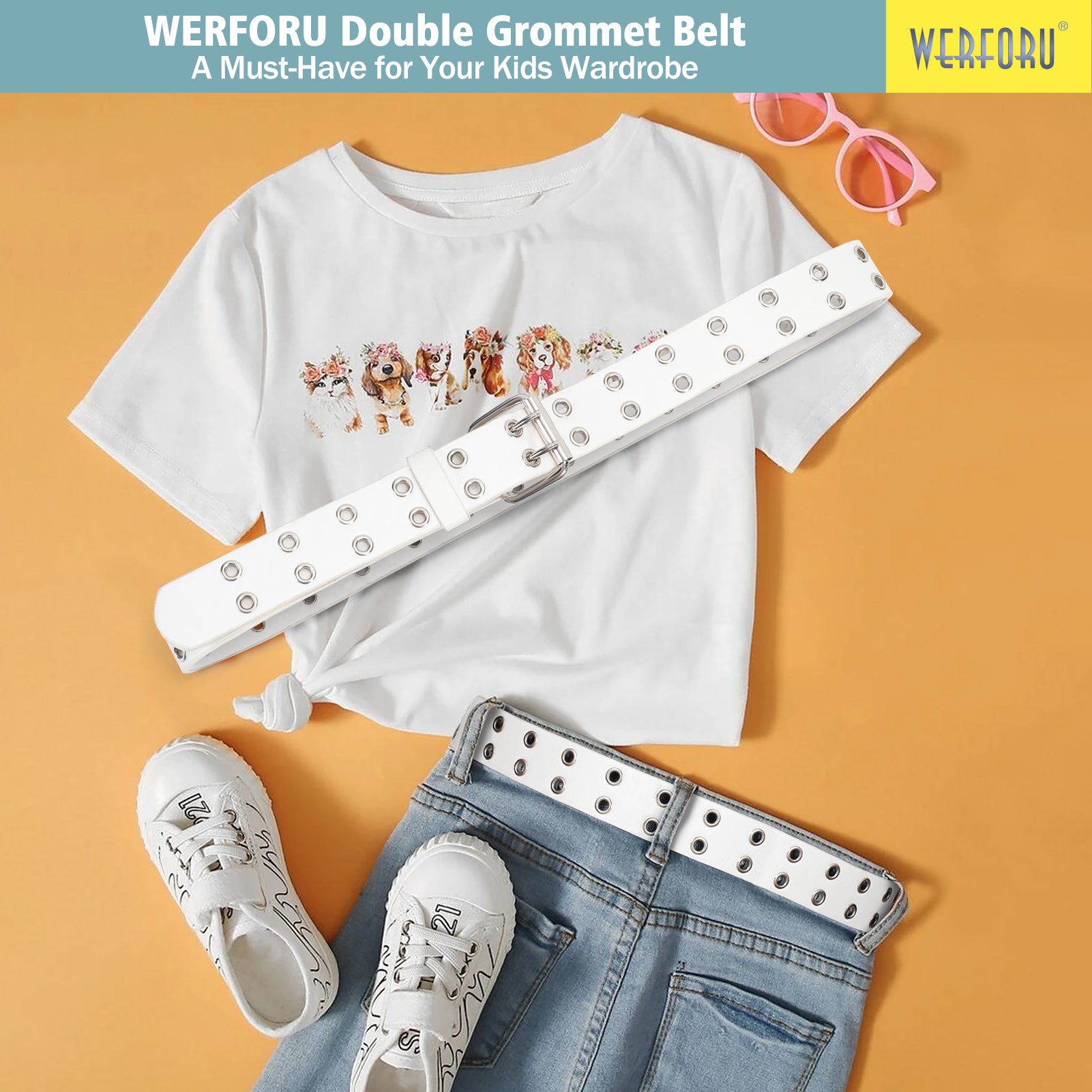 Kids Double Grommet Pu Leather Studded Holes Belt - JASGOOD OFFICIAL