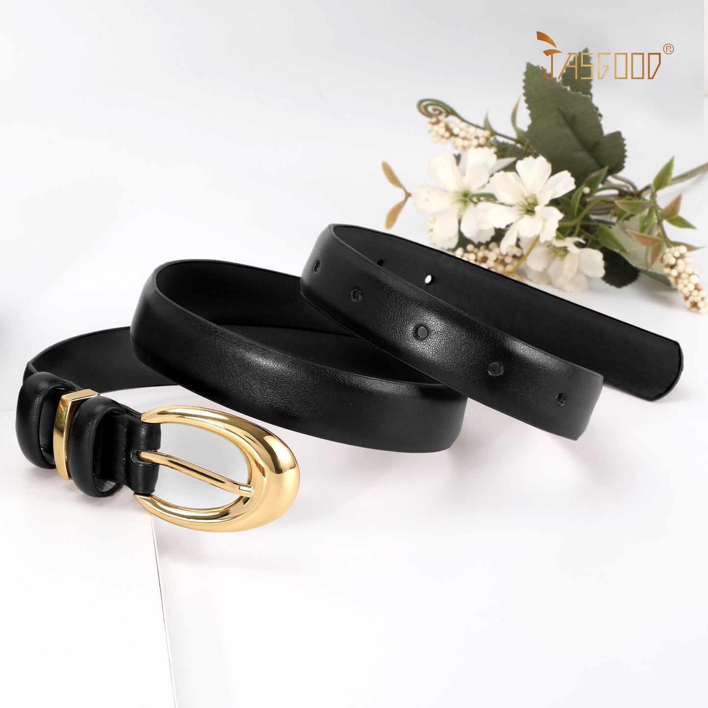 JASGOOD Women Leather Belt for Jeans Pants Fashion Ladies Faux Leather Belt with Gold Buckle