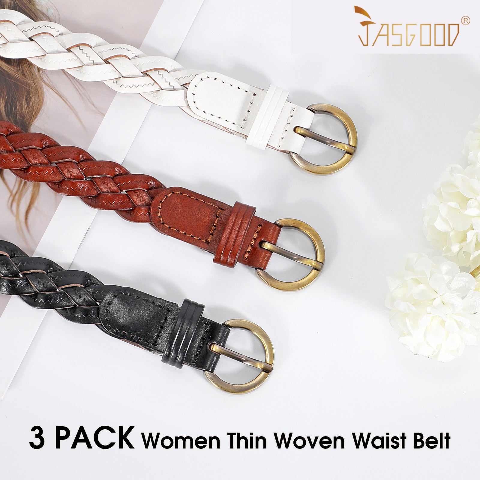 Women Leather Belt Skinny Dress Belt With Gold Buckle