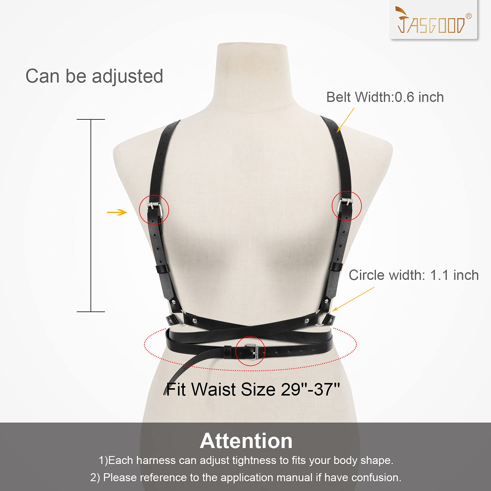 JASGOOD Punk Waist Belt Women PU Leather Skinny Body Adjustable Belts with Gothic Circle for Party