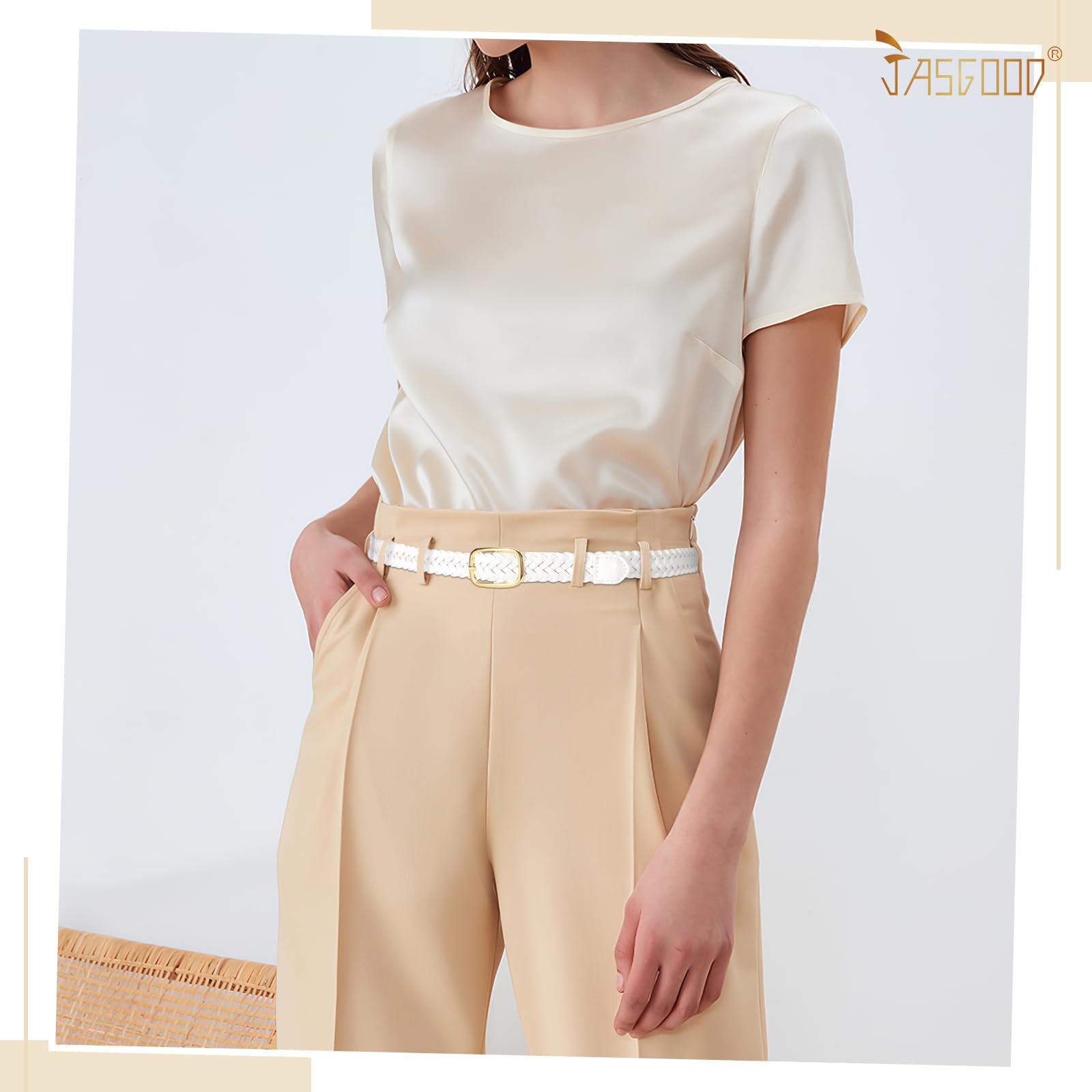 JASGOOD Women's Skinny Leather Braided Belt, Hand-Woven Thin Belt with Gold Buckle for Women for Jeans Pants Dresses