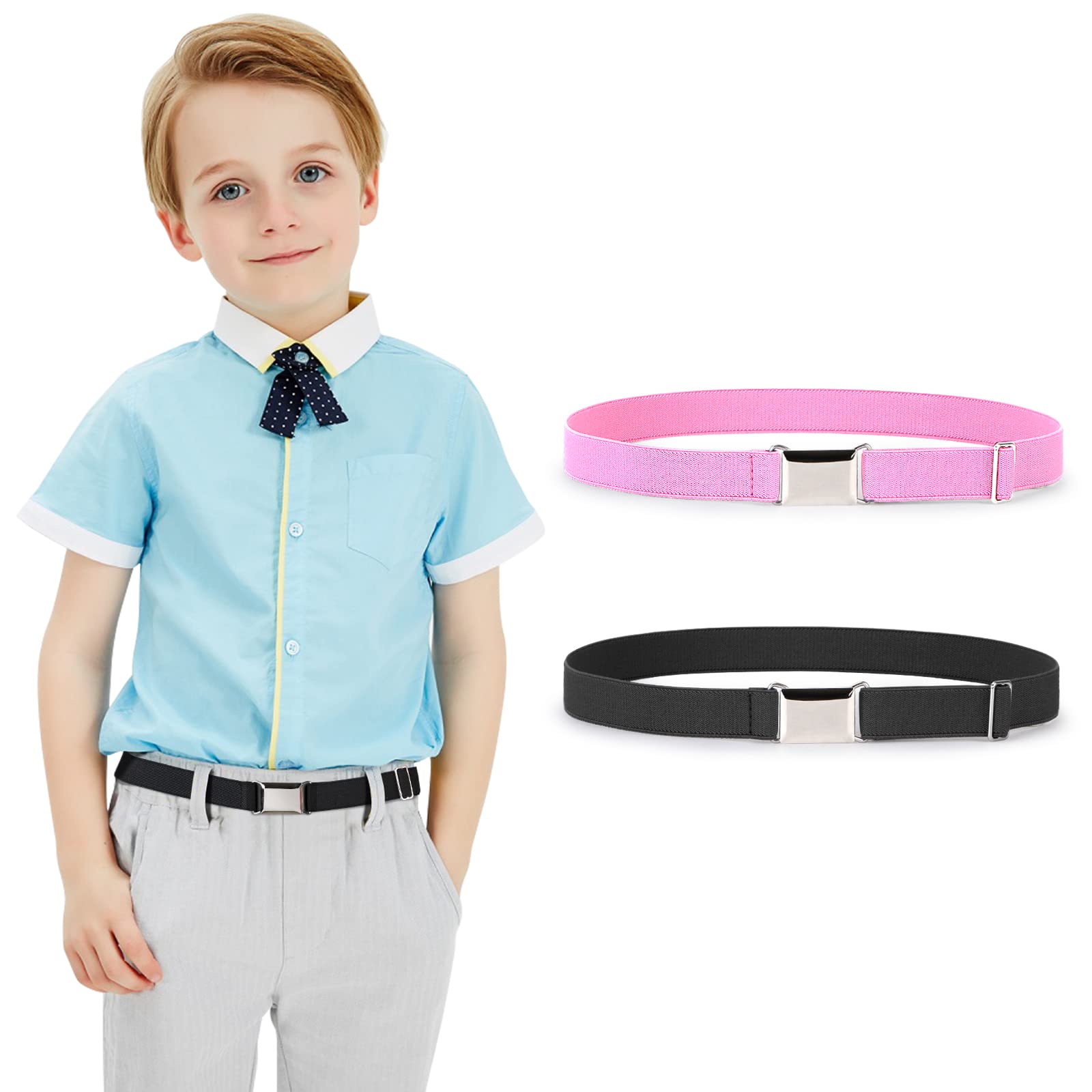 JASGOOD Kids Toddler Belt Elastic Stretch Adjustable Belt for Boys and Girls with Silver Square Buckle 2 Pack