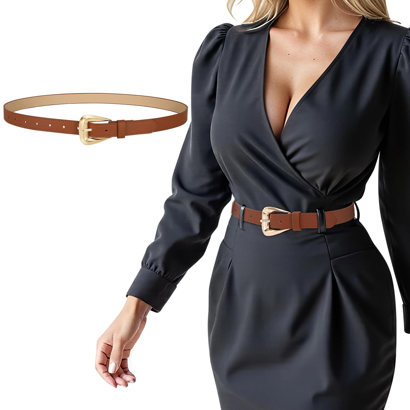 JASGOOD Women Leather Belts for Jeans Pants Soft Leather Waist Belt for Ladies Vintage Belt with Gold Buckle 0.9" Width
