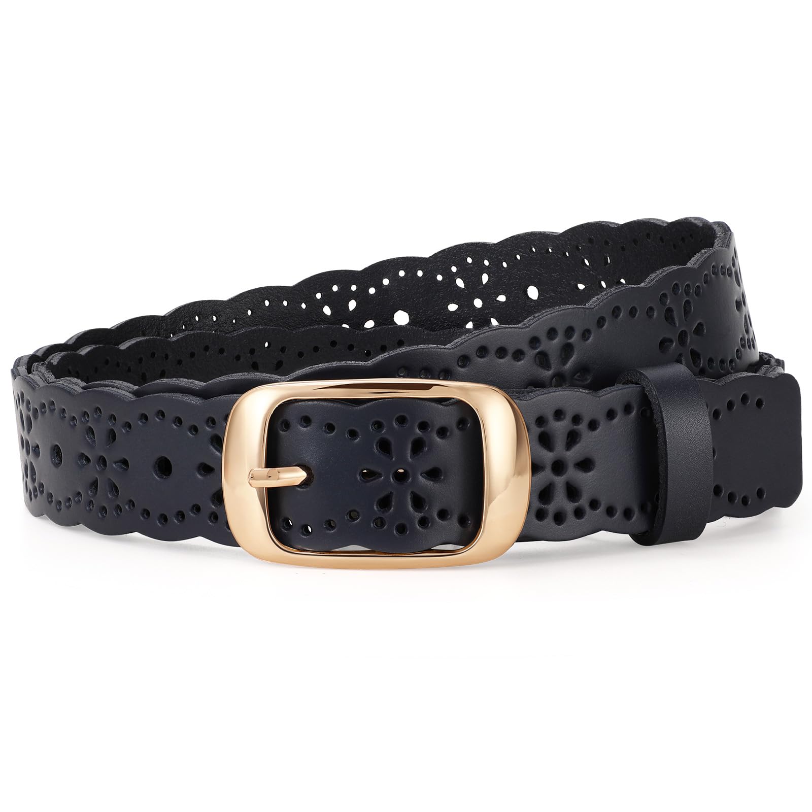 JASGOOD Leather Belt for Women Hollow Flower Leather Belt for Jeans Pants Fashion Waist Belt with Gold Buckle