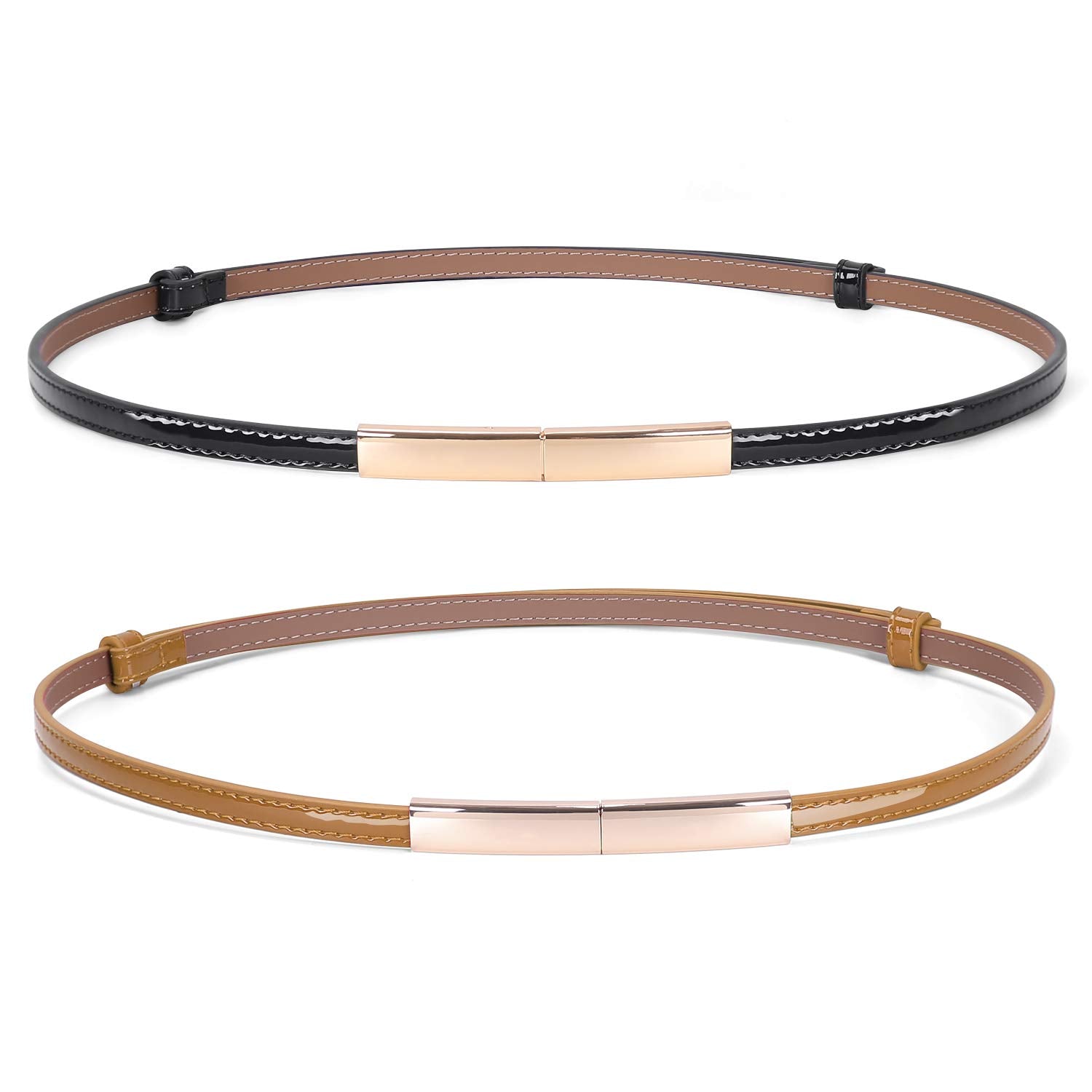 JASGOOD 2 Pack Women's Skinny Patent Leather Belt Adjustable Slim Waist Belt for Dress