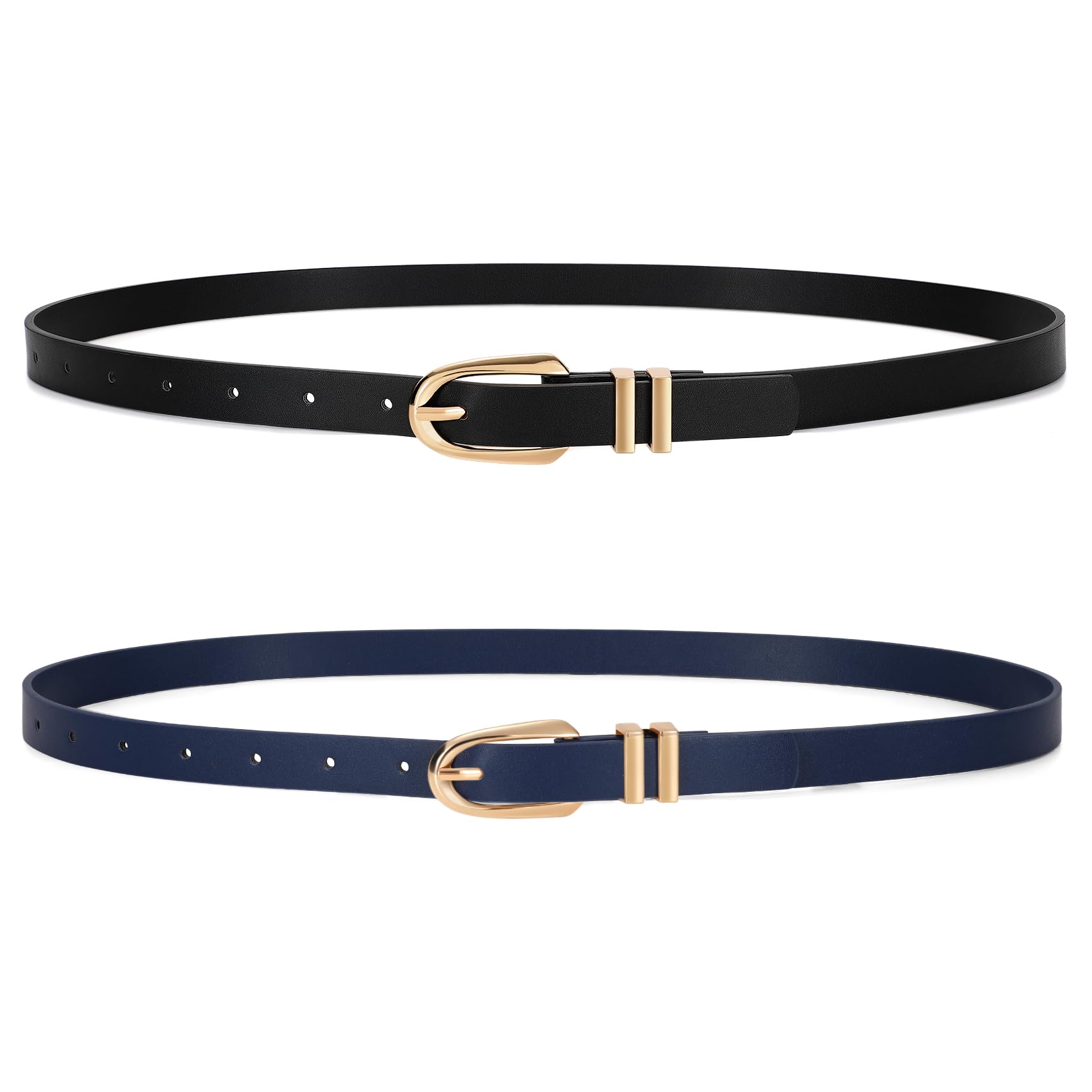 JASGOOD 2 Pack Women Skinny PU Leather Belt Ladies Thin Leather Plus Size Waist Belt for Jeans Dress with Gold Buckle