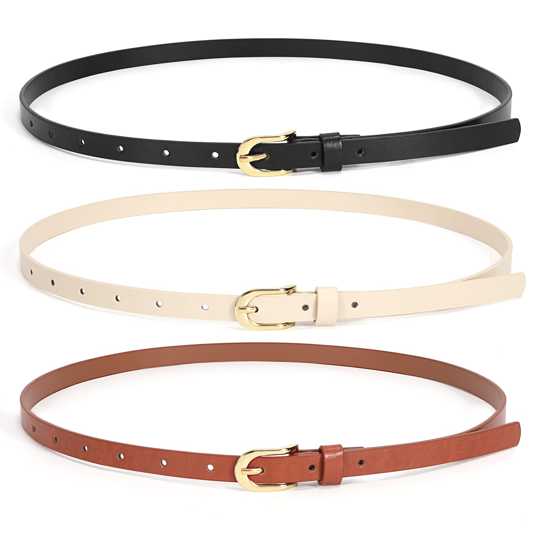 JASGOOD 3 Pack Skinny Leather Chic Belt for Women, PU Leather Thin Belt with Metal Gold Buckle for Jeans Pants Dress