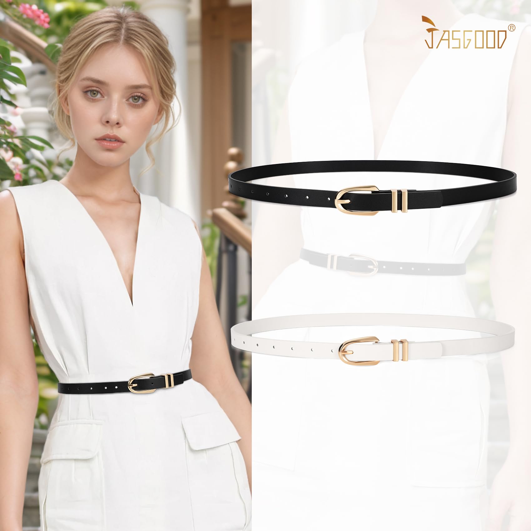 JASGOOD 2 Pack Women Skinny PU Leather Belt Ladies Thin Leather Plus Size Waist Belt for Jeans Dress with Gold Buckle