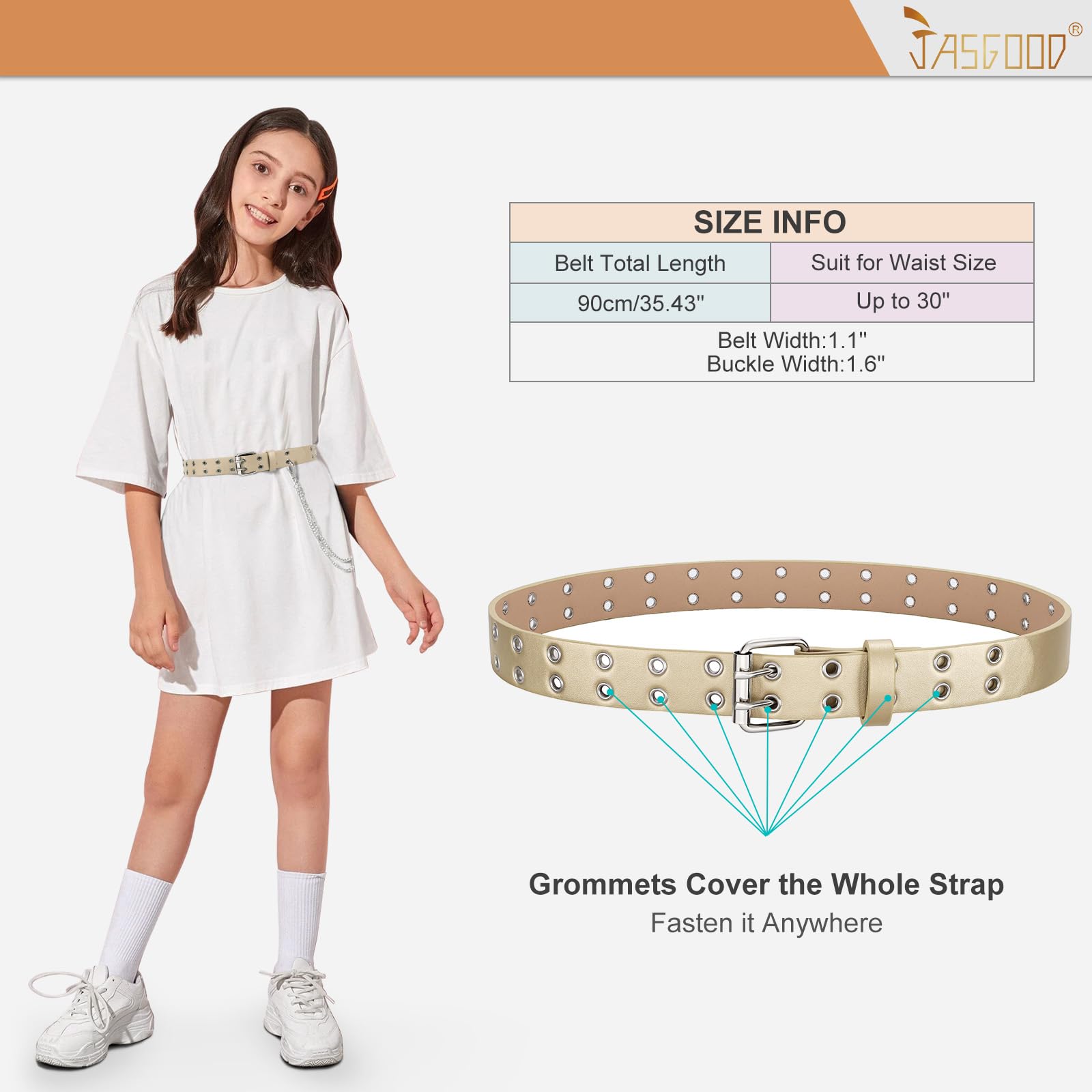 JASGOOD Kids Double Grommet Belt for Girls and Boys, PU Leather Kids Double Studded Holes Belt for Jeans Pants - JASGOOD OFFICIAL