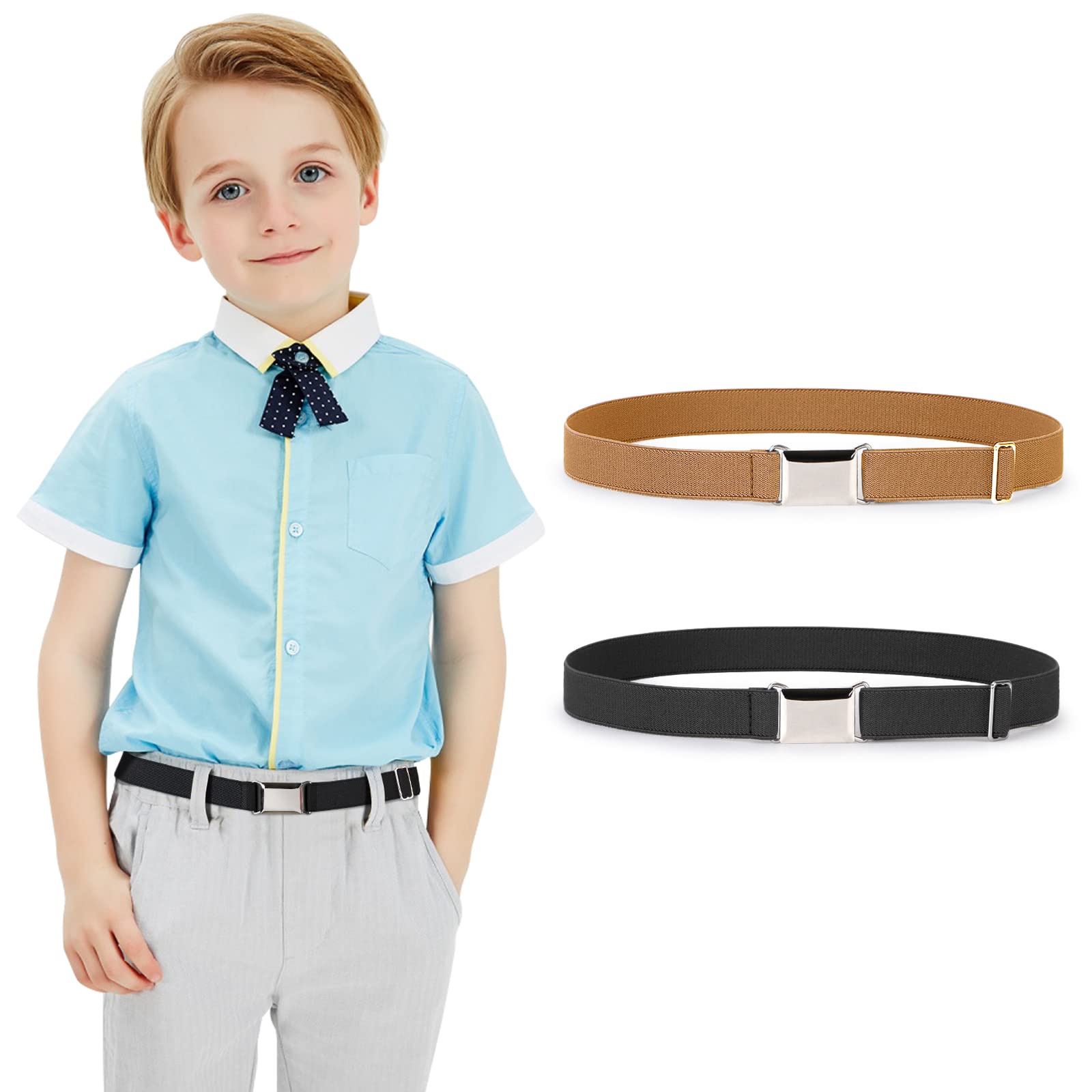 JASGOOD Kids Toddler Belt Elastic Stretch Adjustable Belt for Boys and Girls with Silver Square Buckle 2 Pack