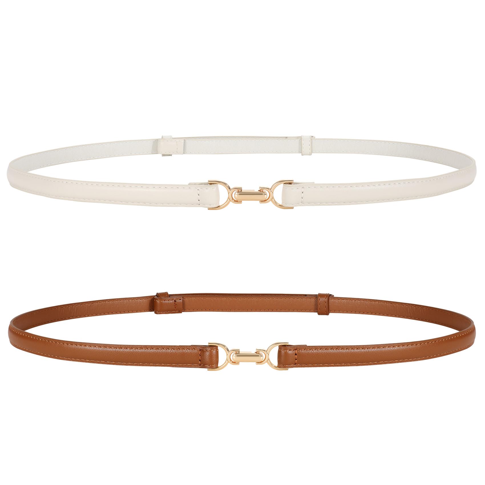 JASGOOD 2 Pack Women Skinny Faux Leather Belts Thin Waist Belts With Adjustable Gold Buckle for Dresses Jeans