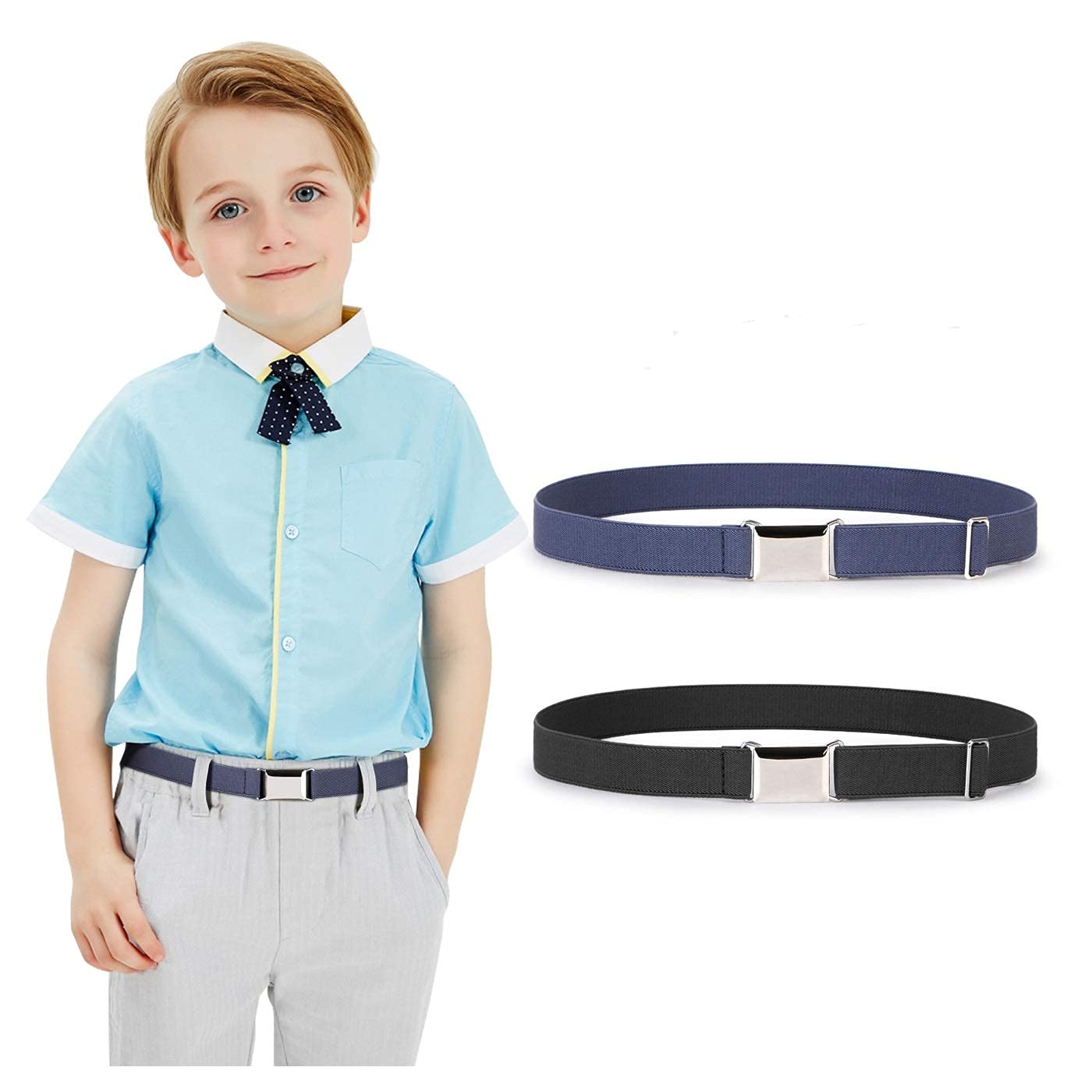 JASGOOD Kids Toddler Belt Elastic Stretch Adjustable Belt for Boys and Girls with Silver Square Buckle 2 Pack
