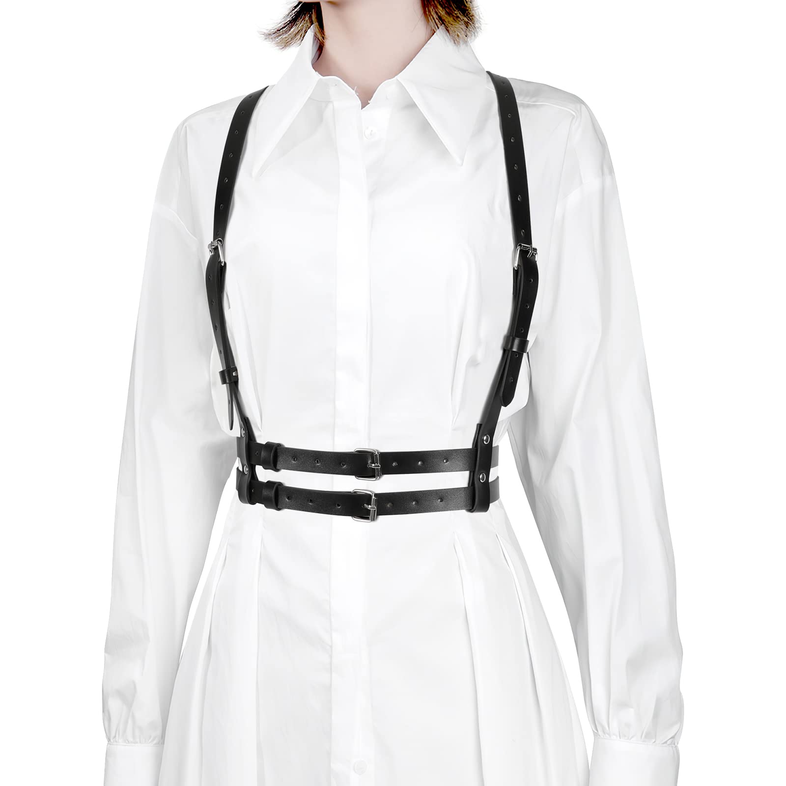 JASGOOD Punk Waist Belt Women PU Leather Skinny Body Adjustable Belts with Gothic Circle for Party