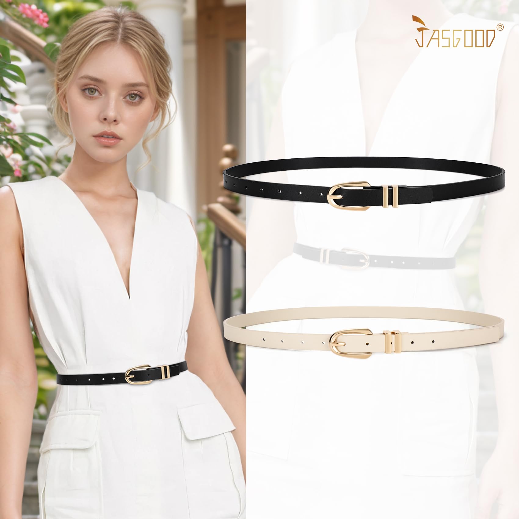 JASGOOD 2 Pack Women Skinny PU Leather Belt Ladies Thin Leather Plus Size Waist Belt for Jeans Dress with Gold Buckle