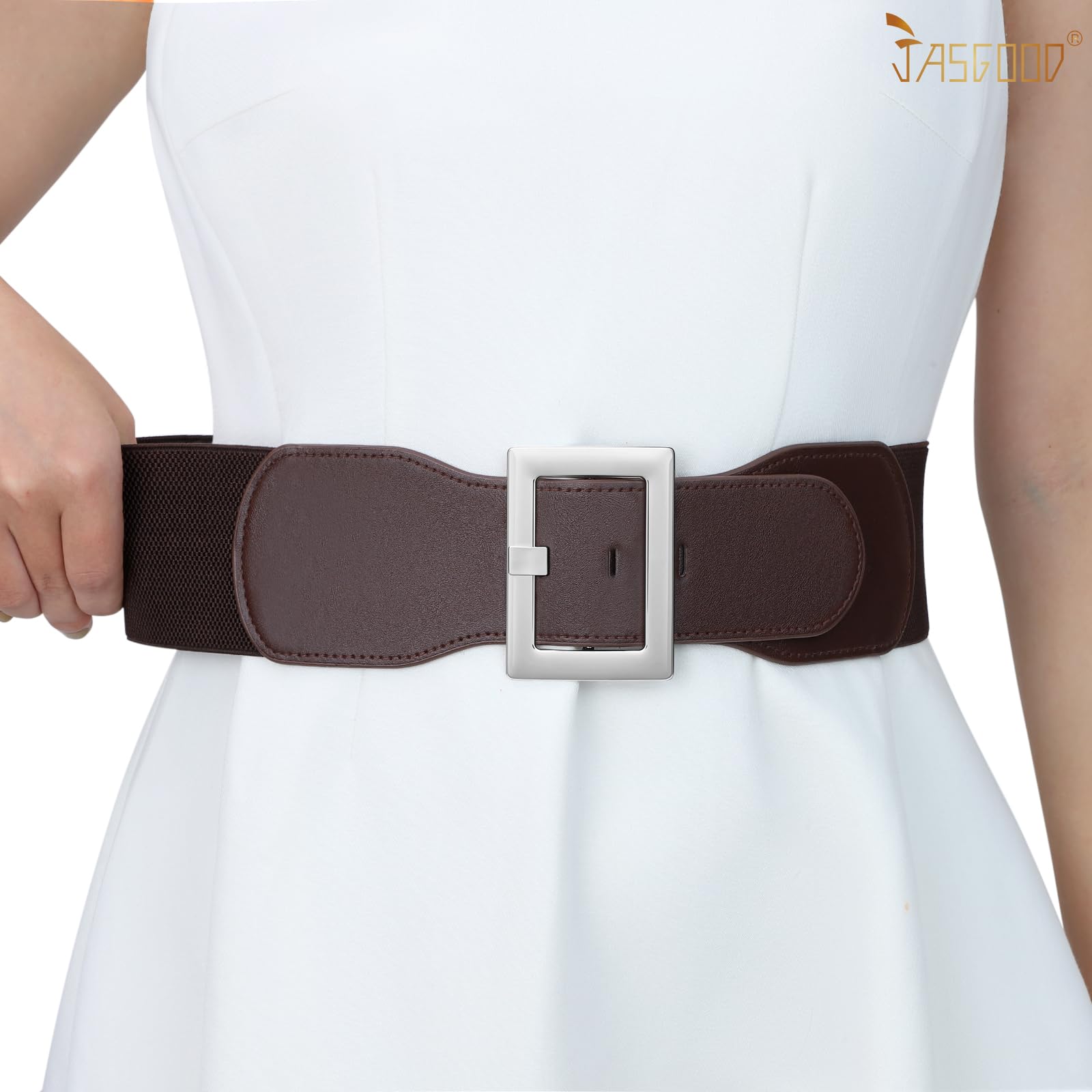 JASGOOD Women Wide Elastic Belt Stretchy Vintage Waist Belts for Dress Santa Belt with Square Buckle