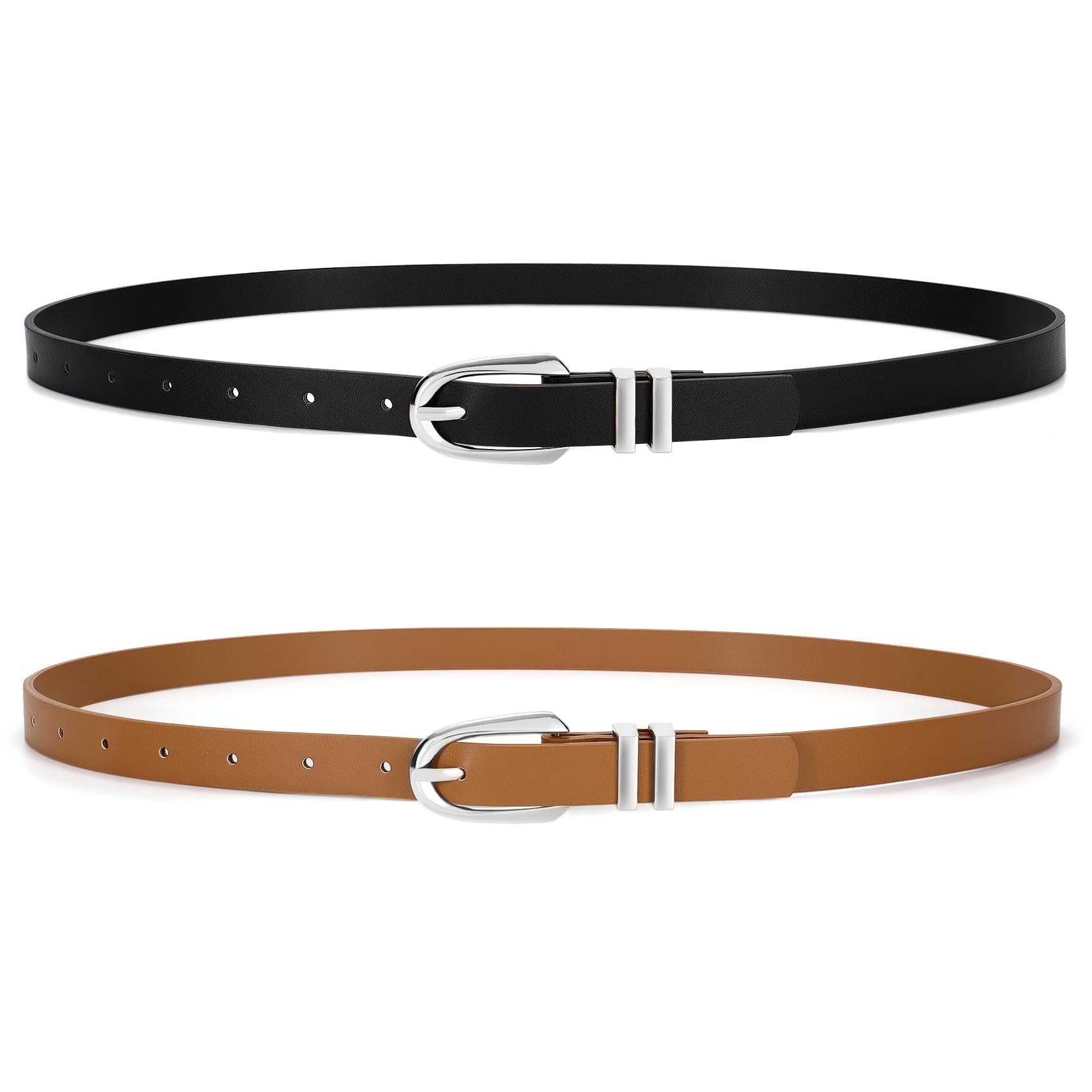 JASGOOD 2 Pack Women Skinny PU Leather Belt Ladies Thin Leather Plus Size Waist Belt for Jeans Dress with Gold Buckle