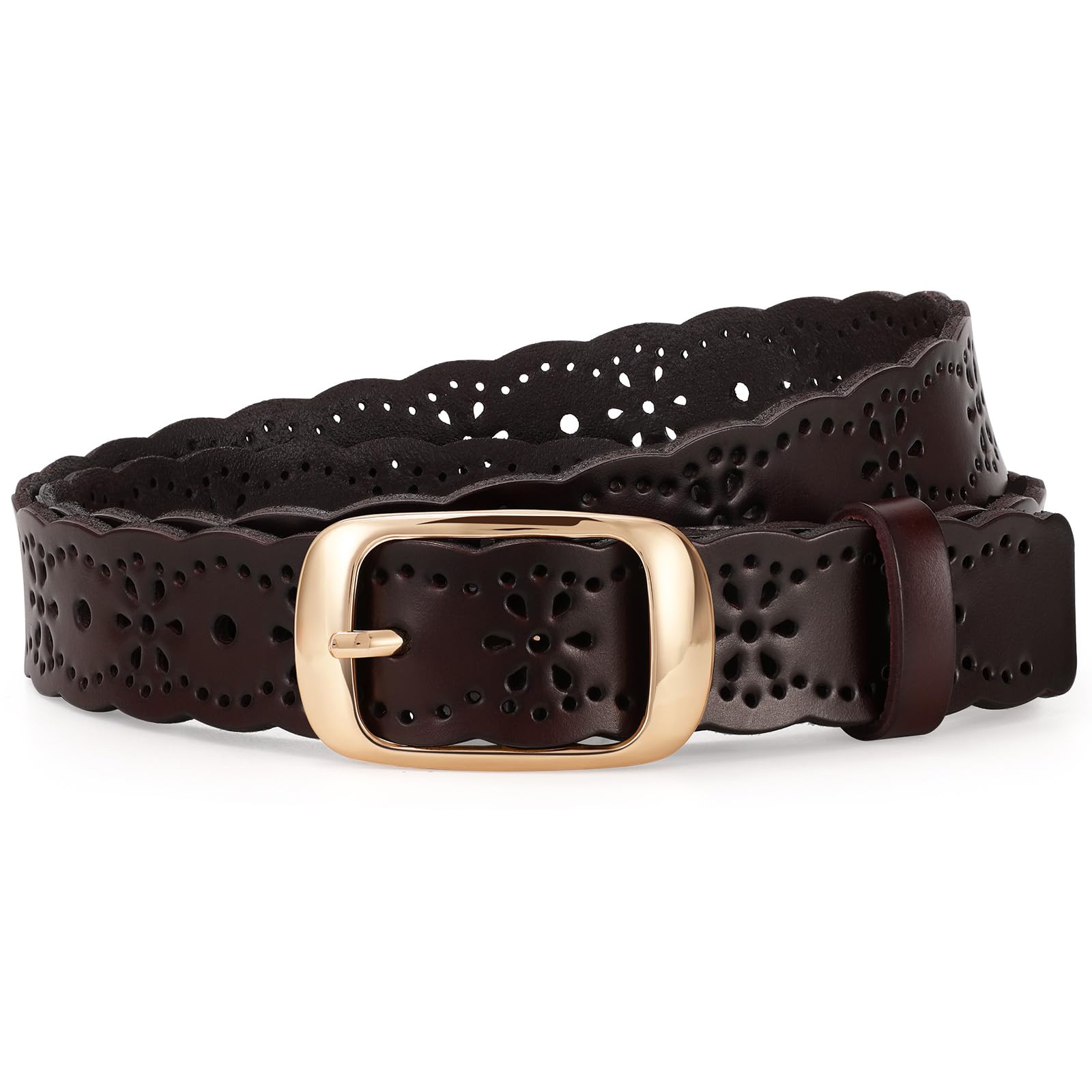 JASGOOD Leather Belt for Women Hollow Flower Leather Belt for Jeans Pants Fashion Waist Belt with Gold Buckle