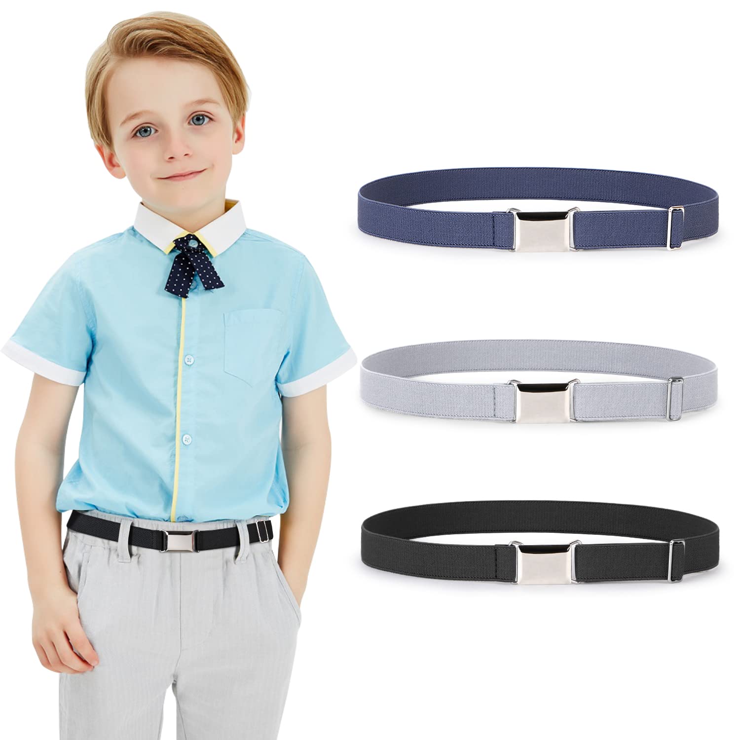 JASGOOD Kids Toddler Belt Elastic Stretch Adjustable Belt for Boys and Girls with Silver Square Buckle 2 Pack