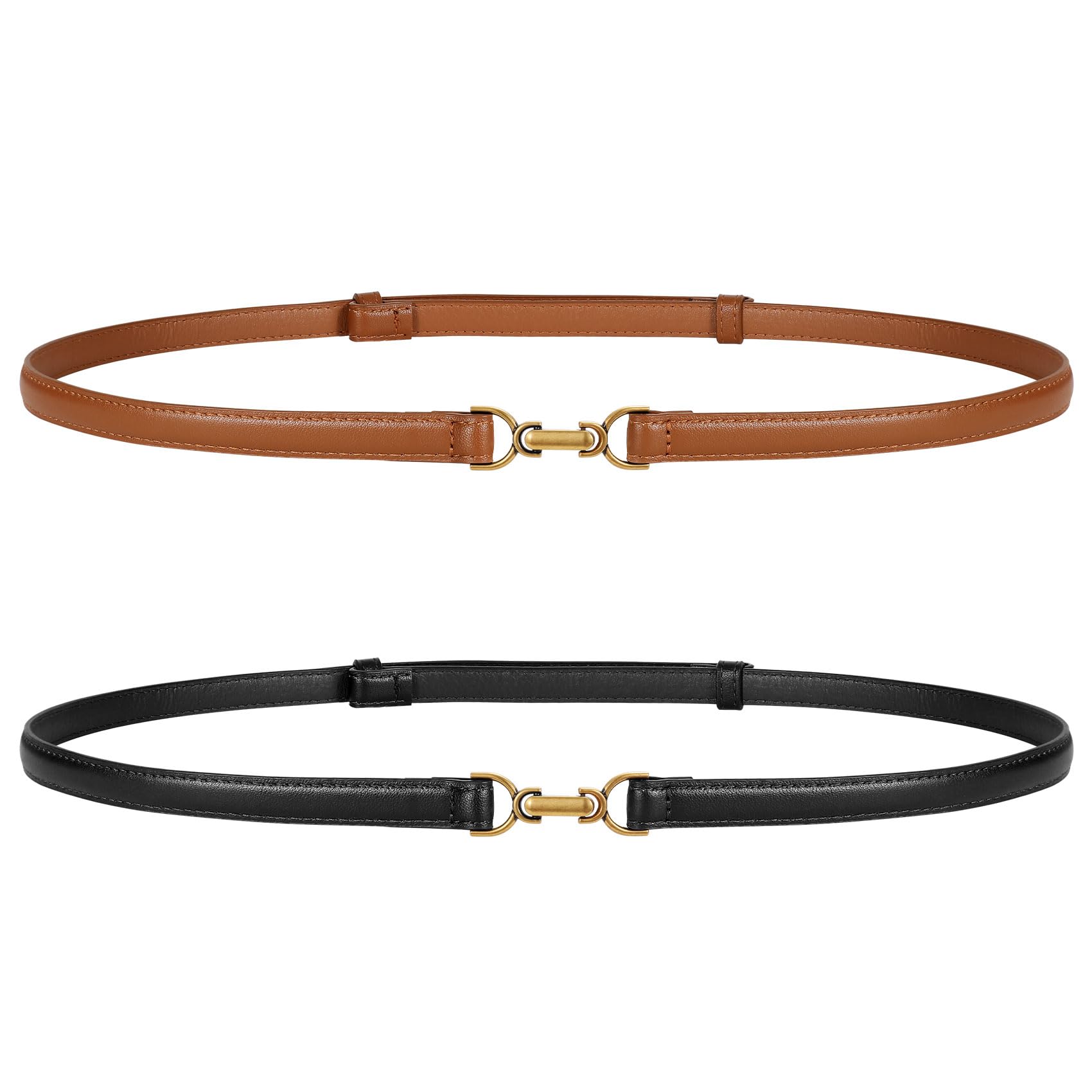 JASGOOD 2 Pack Women Skinny Faux Leather Belts Thin Waist Belts With Adjustable Gold Buckle for Dresses Jeans