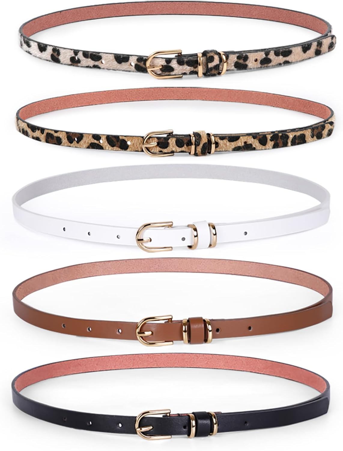 JASGOOD 5 Pack Women Skinny Faux Leather Leopard Jeans Belt Ladies Slim Waist Belt for Dress with Gold Buckle
