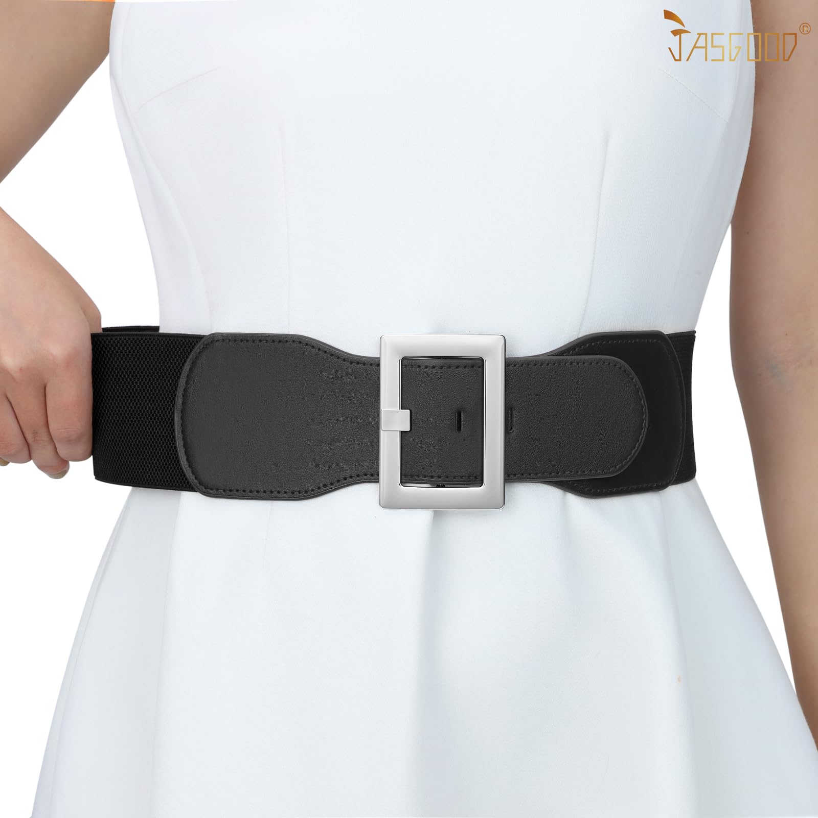 JASGOOD Women Wide Elastic Belt Stretchy Vintage Waist Belts for Dress Santa Belt with Square Buckle