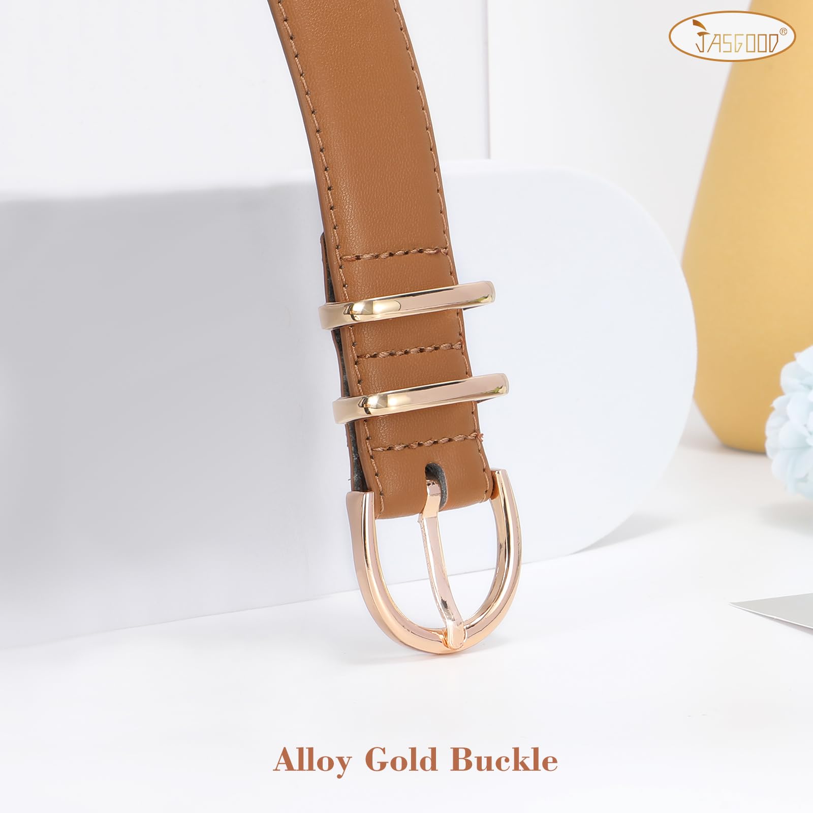 JASGOOD Women Leather Belt Fashion Dress Belt with Gold Buckle for Ladies Jeans Pants